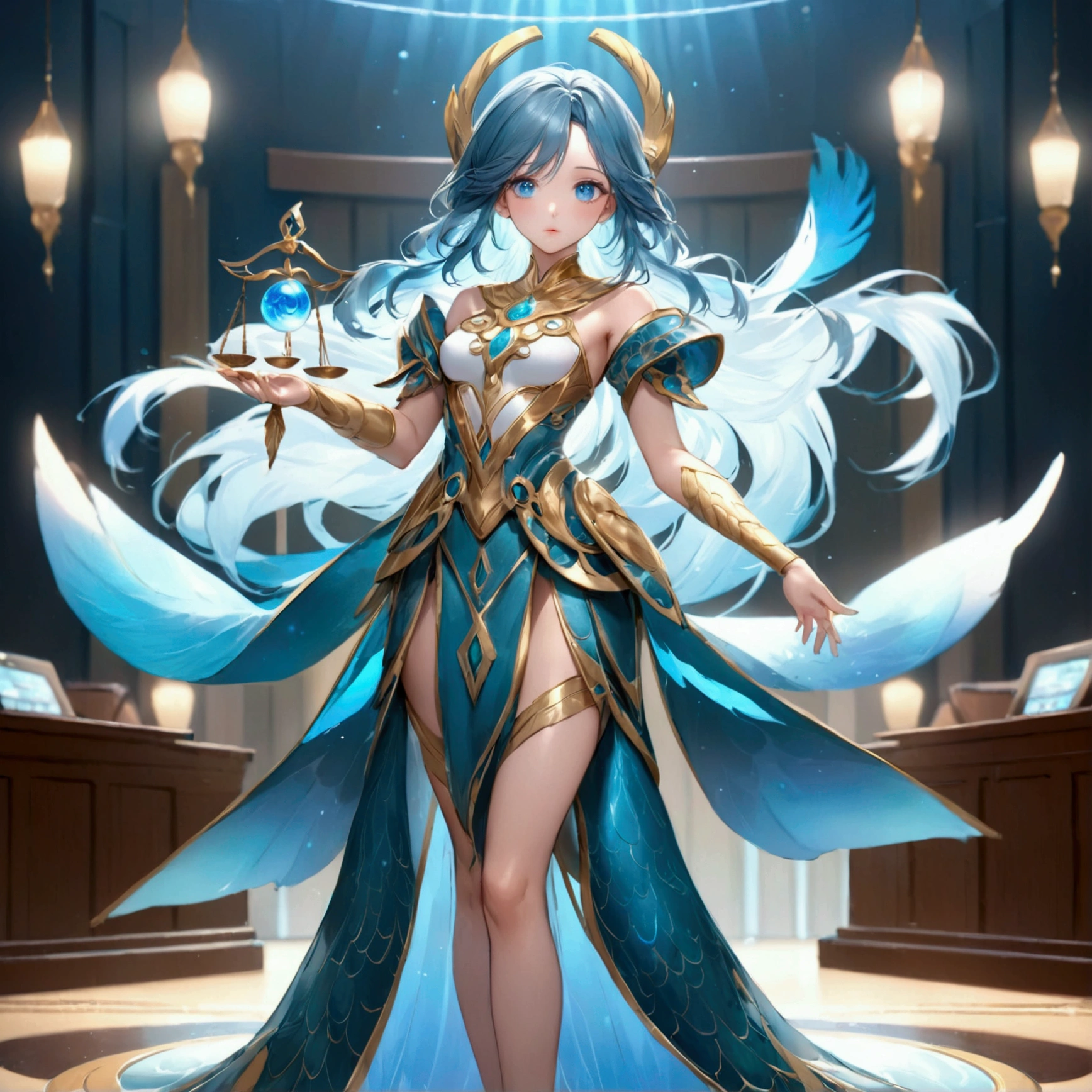 4K anime style quality, digital drawing mode, Libra-themed anime female character, medium-length teal hair with feather highlights, serene blue eyes, wearing an outfit with scales and balance motifs, holding a scale and sword, Blur the background to create a three-dimensional effect, atmosphere, standing in a celestial courtroom, radiant skin, flowing hair, glossy lips, balanced eyes, full body, dynamic pose, life size, perfect anatomy, detailed skin texture, full HD, 4K, HDR, perfect anatomy, depth of field.
