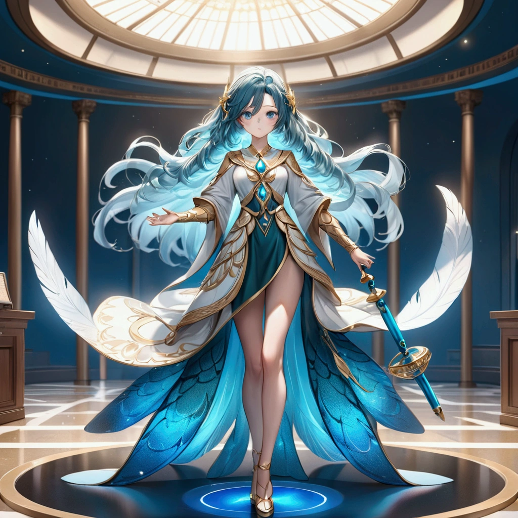 4K anime style quality, digital drawing mode, Libra-themed anime female character, medium-length teal hair with feather highlights, serene blue eyes, wearing an outfit with scales and balance motifs, holding a scale and sword, Blur the background to create a three-dimensional effect, atmosphere, standing in a celestial courtroom, radiant skin, flowing hair, glossy lips, balanced eyes, full body, dynamic pose, life size, perfect anatomy, detailed skin texture, full HD, 4K, HDR, perfect anatomy, depth of field.