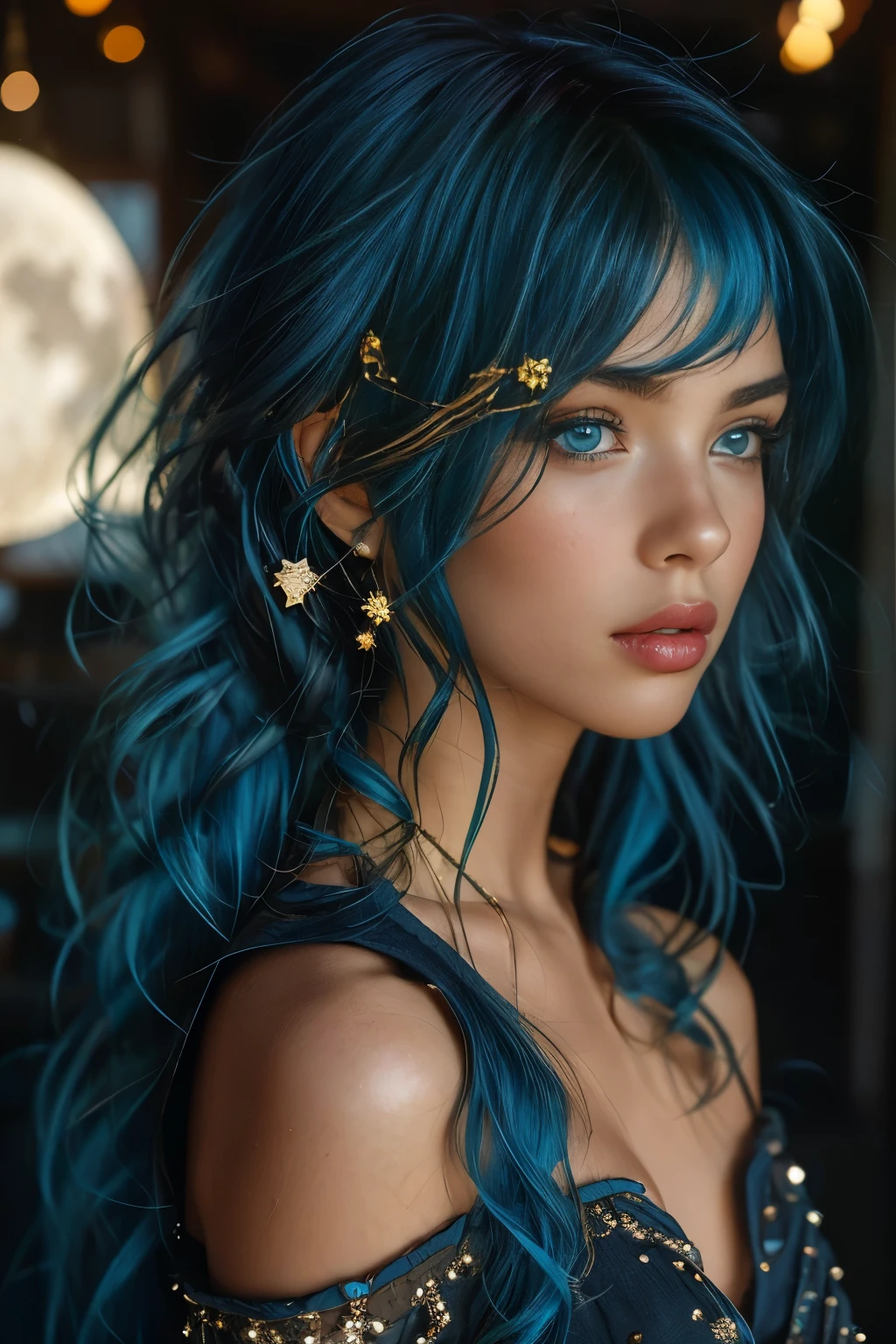 Extremely beautiful, 1 girl, She is an impressive young woman with bright blue hair, that falls in loose waves on her shoulders. Her hair is alive, reflects her adventurous and creative spirit. It is a characteristic part of their appearance, often decorated with small silver hairpins and clips in the shape of stars and moons.