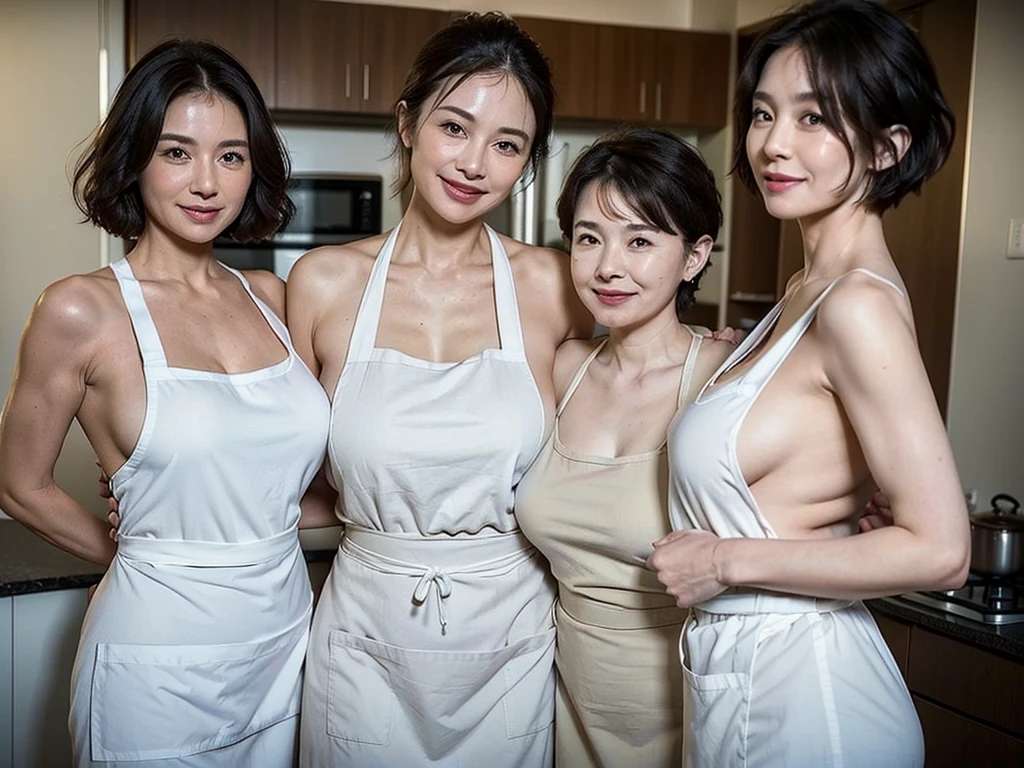 (masterpiece:1.4),(50-year-old woman:1.5),(facial wrinkles 1.2), (Short Hair : 1),(Three Women : 1),  Side Angle、A kind smile,maternal, Mature Woman, (Naked and wearing a white apron : 1.3), (Very large breasts: 1.2),Huge breasts、、 Acne, Skin blemishes, spot,(Plump arms : 1.3), kitchen