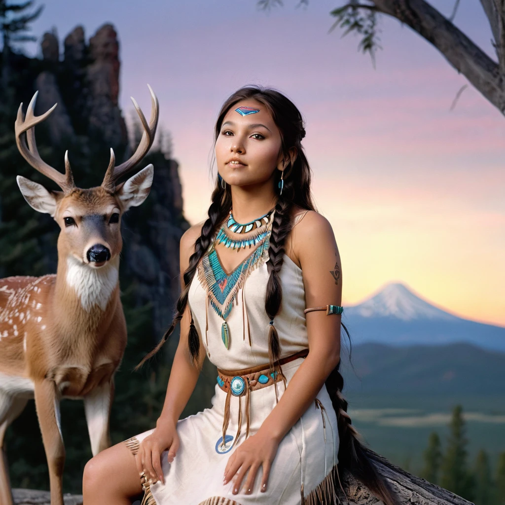 (grainy:0.5), cinematic, beautiful girls 25 year old native american,fantasy,(solo:1.3), detailed eyes, detailed face, detailed native american sexy clothing, volumetric lighting, dusk, extremely detailed background, standing next to tree and mountain, smiling, half closed brown eyes, tilted head, from side, sitting next to her White-tailed Deer