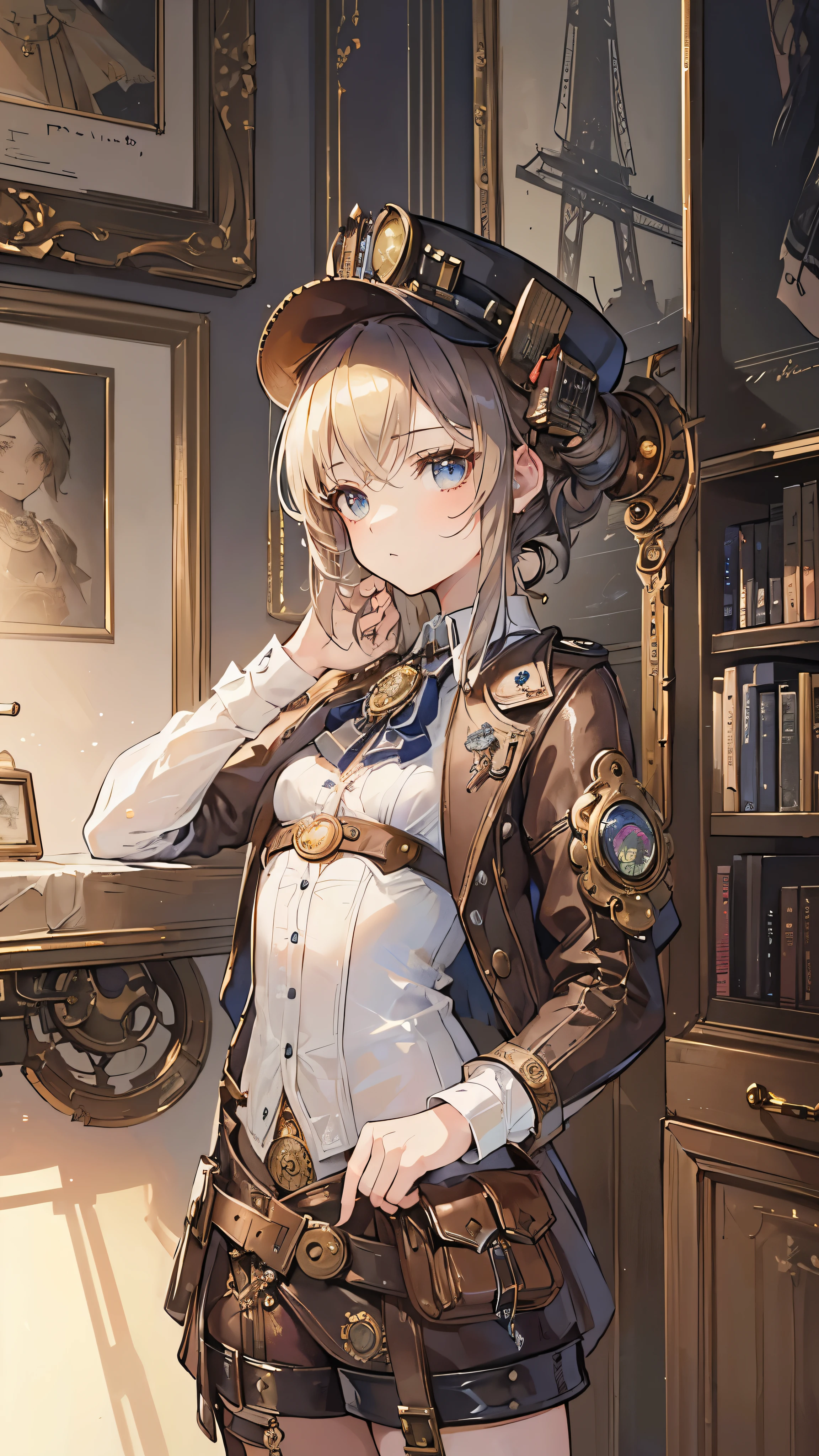 ((True best masterpiece, Ultimately perfect quality, Extremely delicate details)), ((Steampunk, Fantasy)) A skinny pilot girl with small bust, Wearing pilot suits, Wearing antique pilot cap, Wearing white shirt