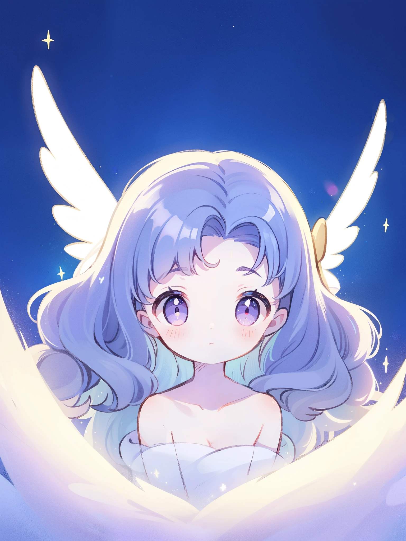 nude angel girl wearing an ethereal translucent dress, pale skin, ((wavy gradient blue purple hair)), white feathers, angel wings, sparkling detailed eyes, golden ratio face, perfect composition, highly detailed, ethereal, (starry night sky background), midjourney style