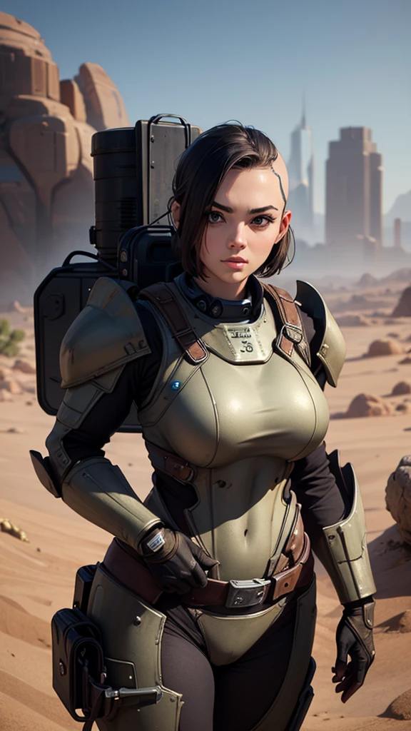 ((Best quality)), ((masterpiece)), (detailed), 1 girl, bald head, no hair, desert, young face,Black Massive Power Armor