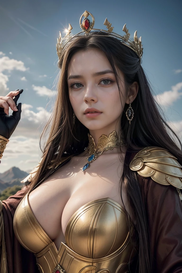 Create an image of a majestic and imposing woman, representing the character Queen Marika from 'Elden Ring'. She must have an elegant and otherworldly look. Her hair is long and silver, flowing gracefully and reflecting light with an ethereal glow. Your eyes must be intense, with a shine that conveys authority and mystery.She is dressed in a long, sophisticated dress, in dark colors like black or deep blue, with silver or gold details. The dress is ornamented with intricate patterns and mystical symbols that enhance her royalty.. Include a cape or cloak that adds a touch of majesty to your outfit.Your face must have refined features, with an expression that mixes serenity with inner strength. The scenery in the background can be a realistic and grand environment, reflecting the power and influence of Queen Marika."
