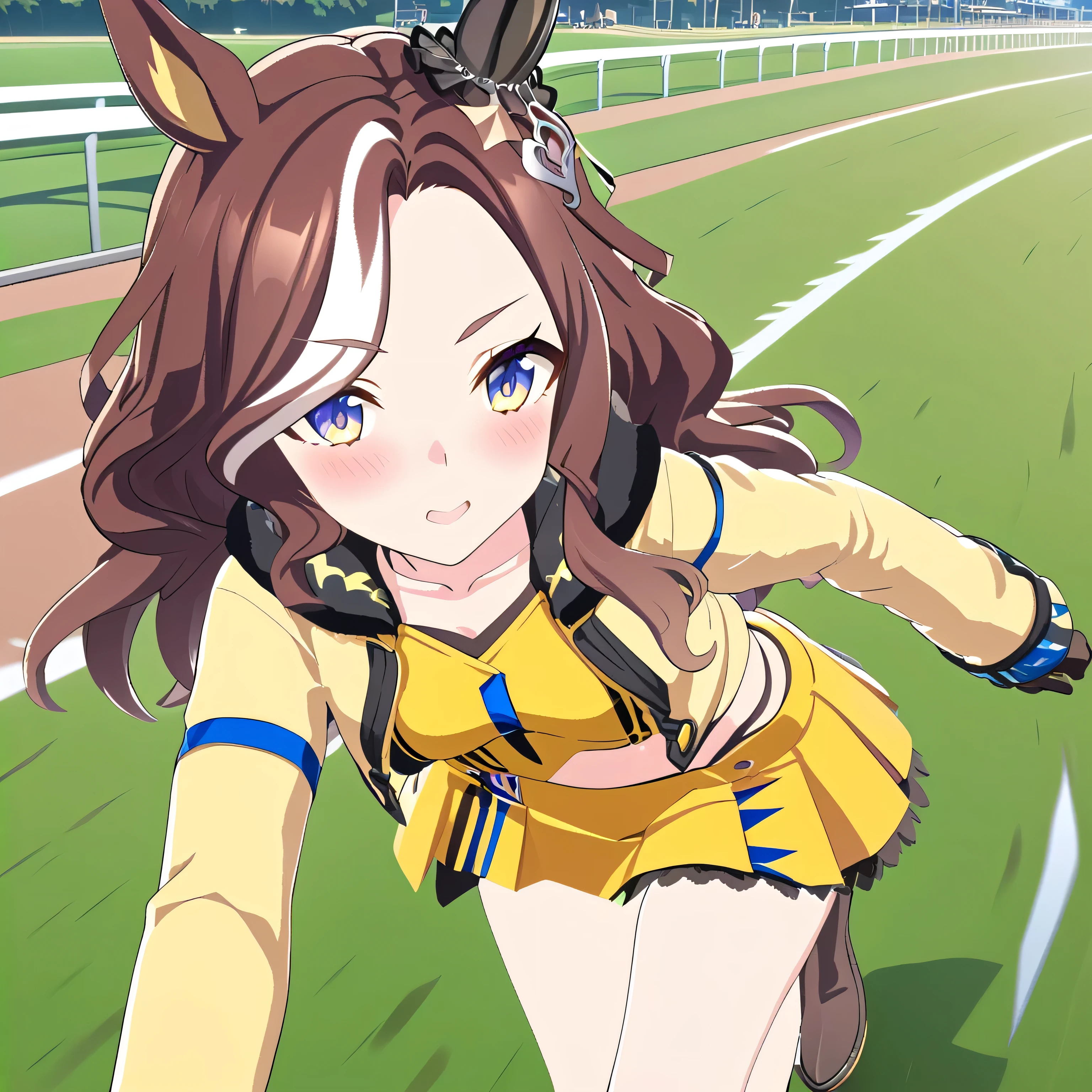 1girl,daring_heart \(umamusume\),horse tail,horse ears, black gloves, yellow shirt, ear ornament, yellow jacket, cropped jacket, yellow skirt, long sleeves,motion blur,turf course , glass , Leaning Forward , sprinting , dash , run , assault,motion lines,umamusume official art,anime coloring, keyshot,cel shading, masterpiece, best quality, very aesthetic, absurdres,ai-generated,,beautiful eyes,masterpiece,best quality,highres,4k,8k,Sincos,Cute,Anime,Artist,