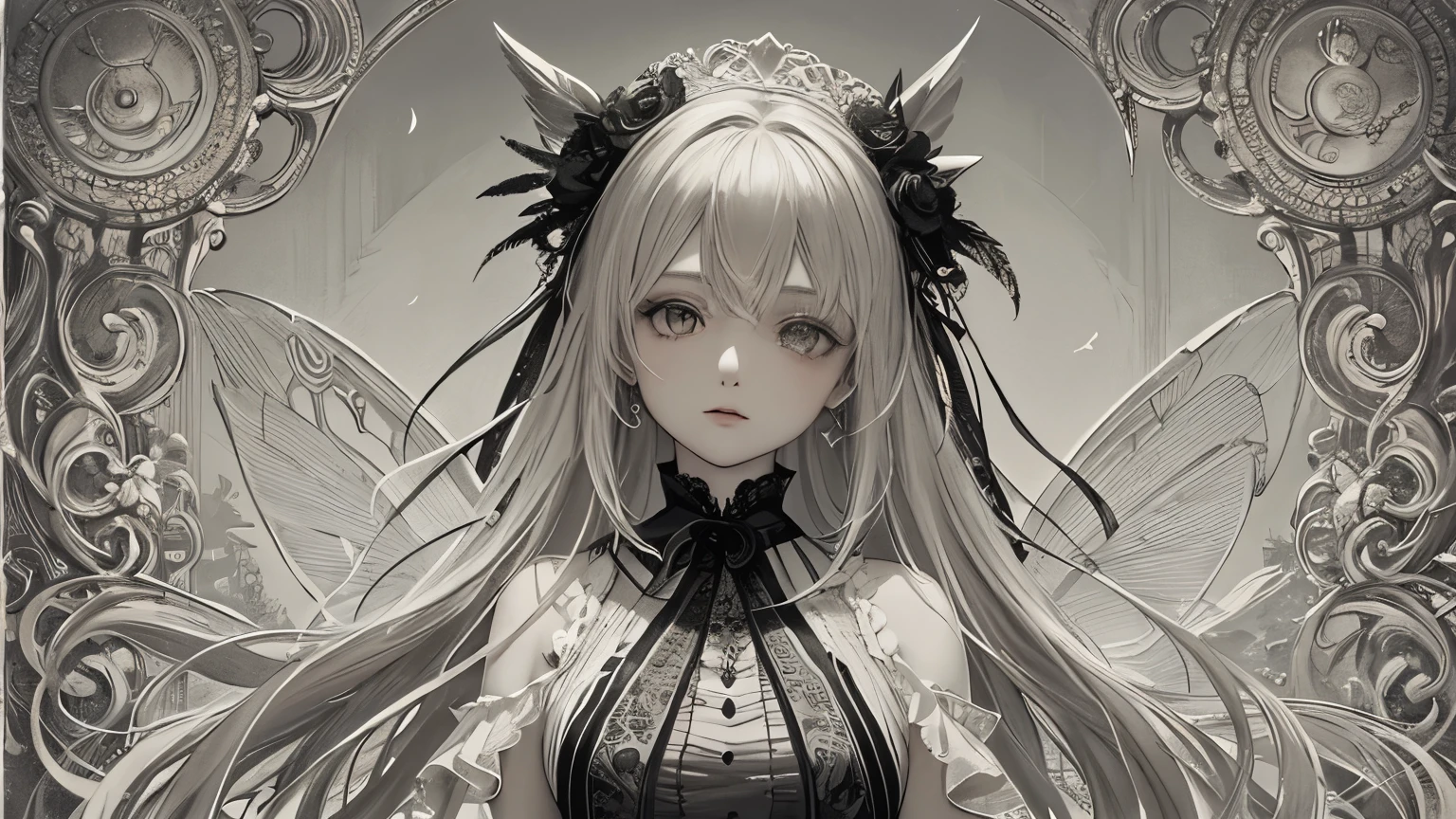 ((Highest quality)), ((masterpiece)), (detailed), anime Fairy magic City monochrome romantic Calm Retro Style Elegant and detailed feather design Gothicのドレス accessories Light effects Gothic goddess Silver Hair