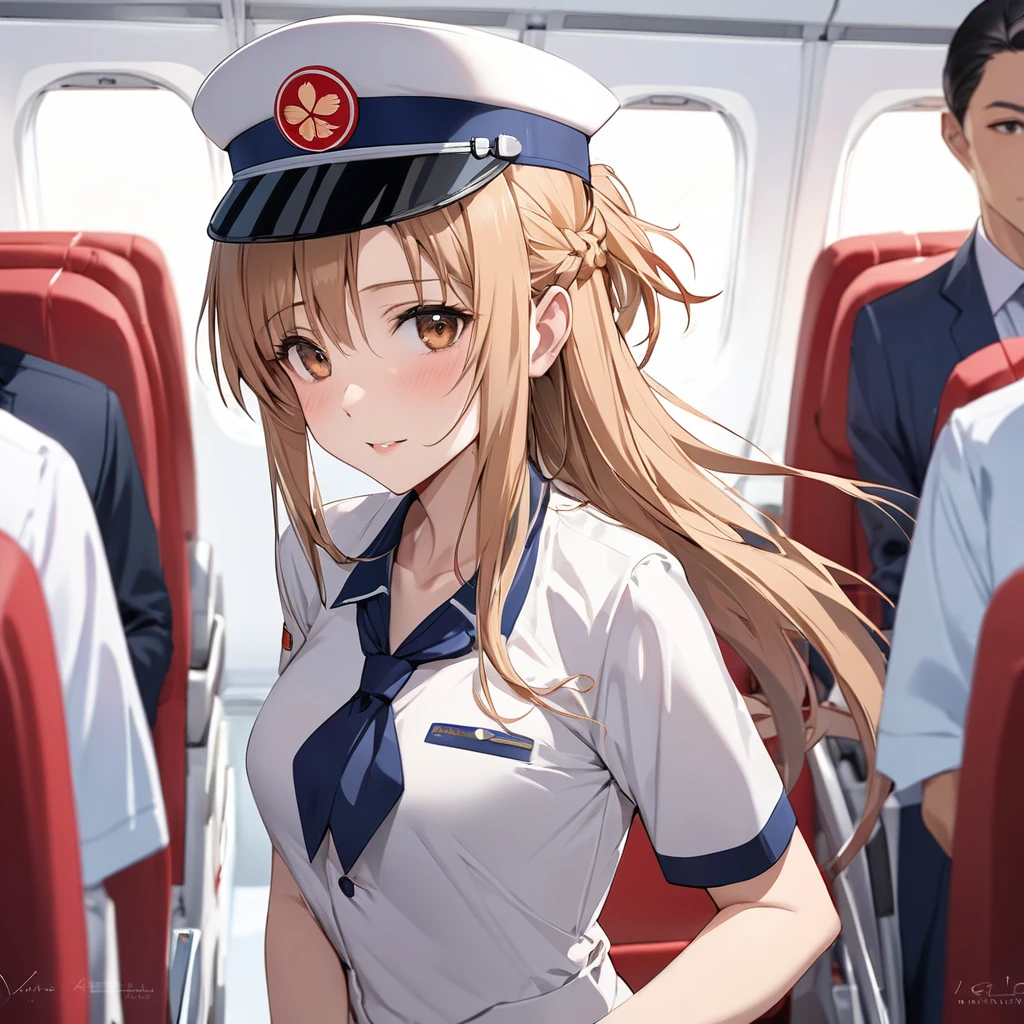 ((Highest quality)), ((masterpiece)), (detailed), (Perfect Face)、The woman is an Air China flight attendant, Yuuki Asuna, a Chinese woman with light brown, medium-long hair.、The woman is wearing the red Air China cabin attendant uniform, as well as a flight attendant scarf and flight attendant hat.