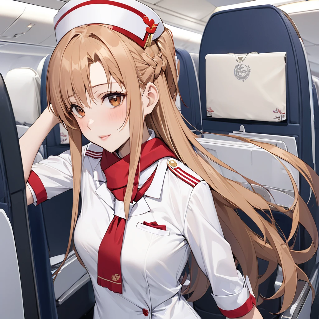 ((Highest quality)), ((masterpiece)), (detailed), （Perfect Face）、The woman is an Air China flight attendant, Yuuki Asuna, a Chinese woman with light brown, medium-long hair.、The woman is wearing the red Air China cabin attendant uniform, as well as a flight attendant scarf and flight attendant hat.