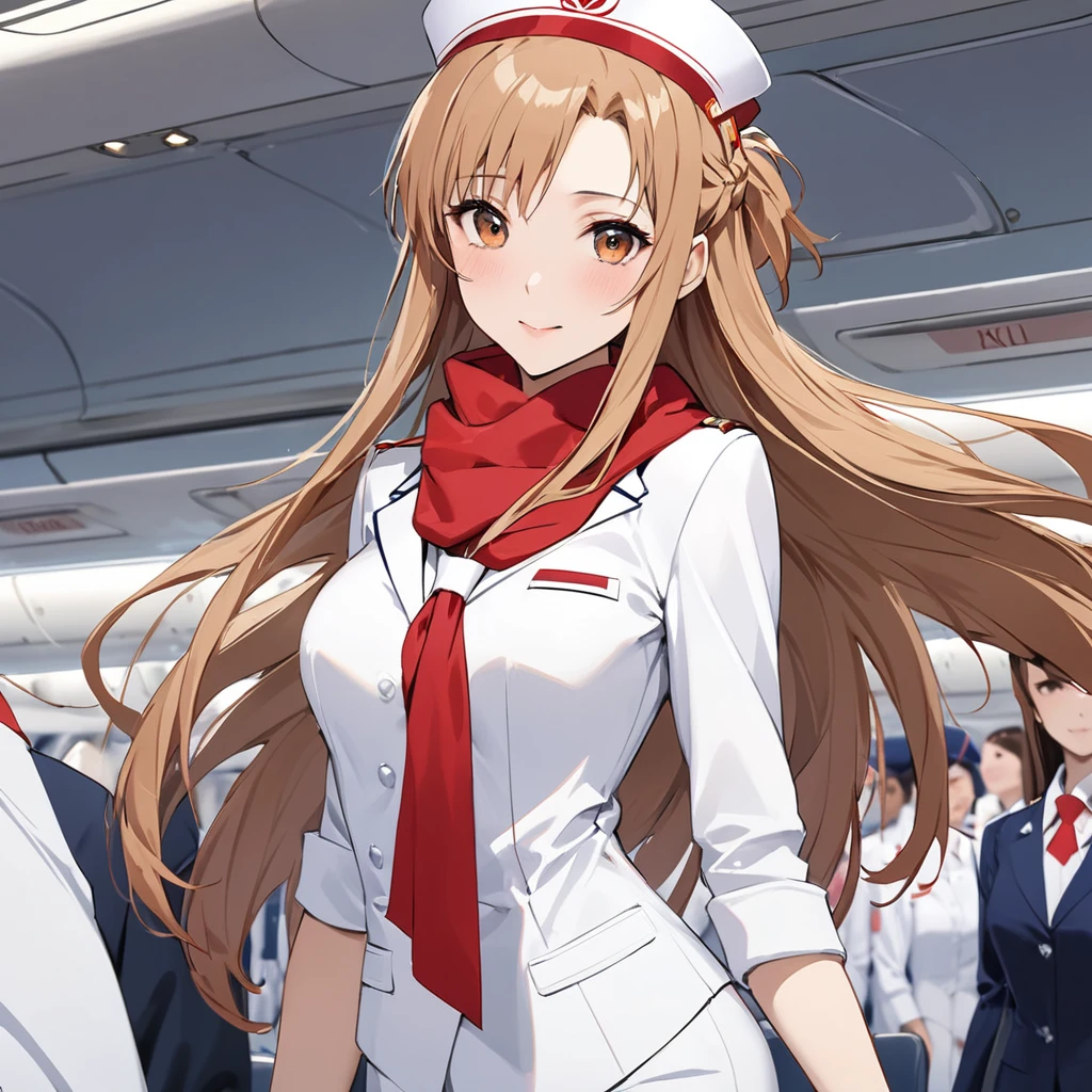 ((Highest quality)), ((masterpiece)), (detailed), （Perfect Face）、The woman is an Air China flight attendant, Yuuki Asuna, a Chinese woman with light brown, medium-long hair.、The woman is wearing the red Air China cabin attendant uniform, as well as a flight attendant scarf and flight attendant hat.