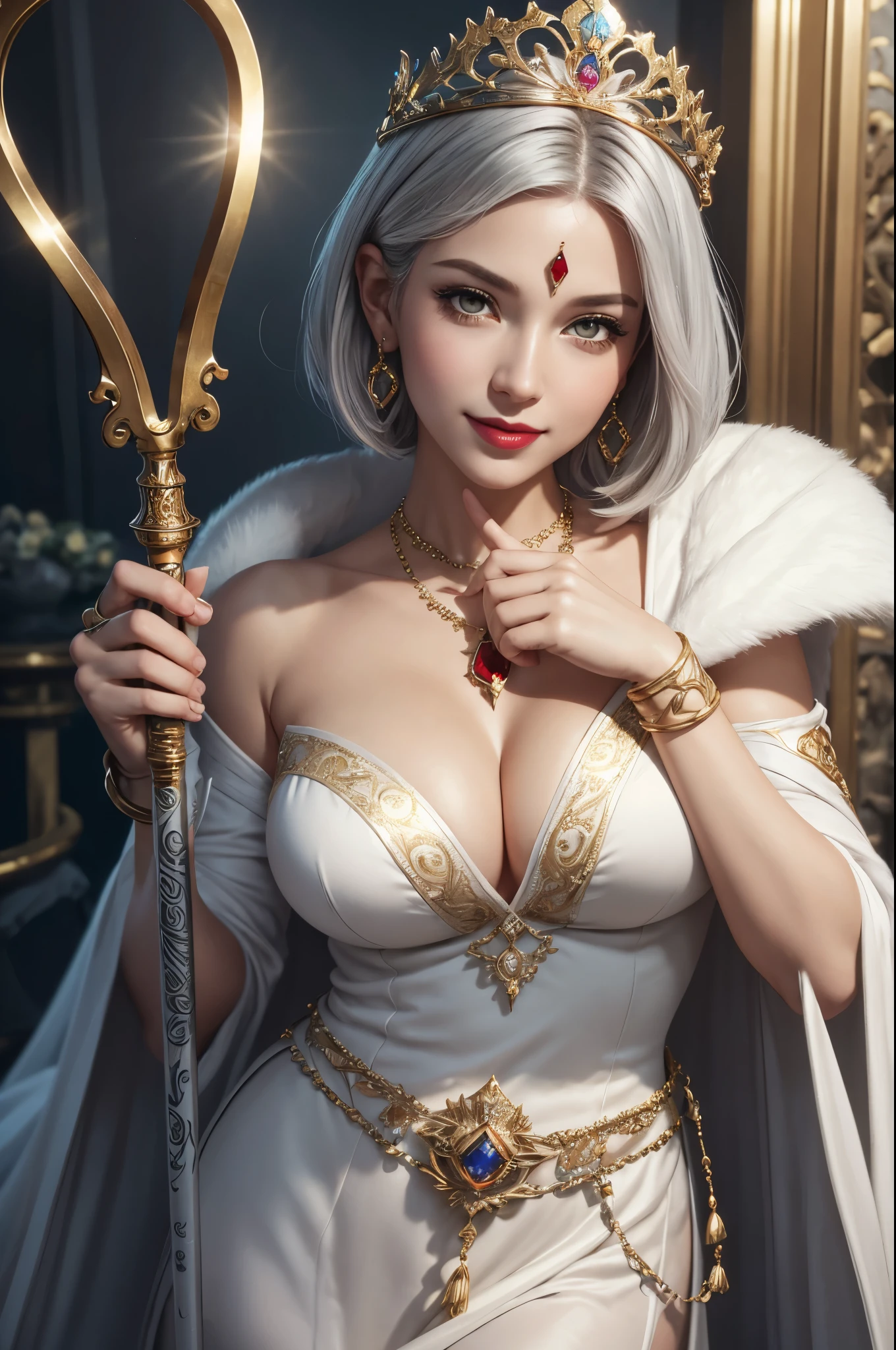 8K,pure white medium bob hair,cute thick body,very big breasts,Gray medium bob hair,girl,神の杖を持った白い邪神の衣装を着た可愛らしいgirlのクローズアップ, cute fantasy empressのgirl, ((cute fantasy empress)), glamorous.very high detail, extremely detailed , up to the model | types of bacteria, trending on cgstation, Chenwei Pan On Art Station, luxurious black cloak,Super high resolution,super realistic skin,cute expression,fantasy art,laughter(Like the real thing),straight hair,golden eyes,Red Gem Earrings,blue gemstone necklace,luxury white gauntlet,red lipstick,red eyeshadow,evil god makeup,battle scene,action scene,fighting pose,masterpiece,Photorealistic RAW photos of the highest quality。bright colors,rich colors, Backlight, cinematic lighting, film grain, 50mm lens, Nikon D850,beautiful expression,fantasy art,character art,look at the viewer,perspective from above,smile,thick body type,Gray hair medium bob hair,White and gold robe,young girl,pure white medium bob hair,