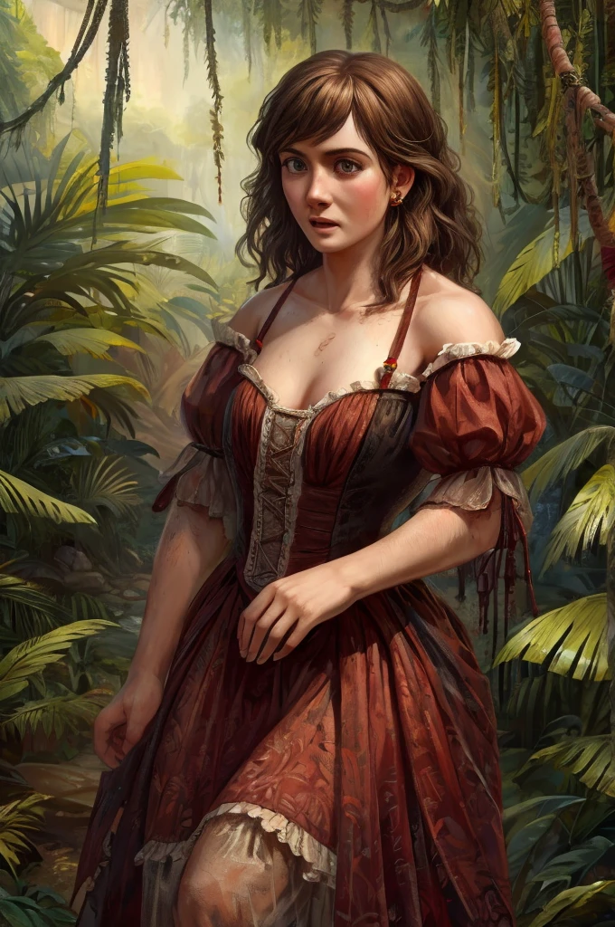 female bear mid transformation, solo, masterpiece, best art, victorian dress. detailed hands, detailed eyes, detailed torso, jungle, expression, transformation, human face, brown shaggy hair.