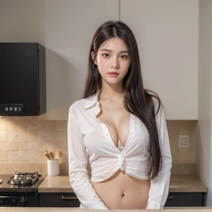 (1 girl),(8ก, Lots of details, Sharp details, Sharp picture, raw photos, Highest quality, high resolution:1.1), (hyperrealistic:1.4),(realistic, photorealistic:1.3), soft light,realistic face,realistic body,realistic skin,disorganized,Masterpiece,(cute:1.8), Height 165 cm, , (((Young face, round face))), ((beautiful big breasts)), ((smooth straight hair, (dark hair)), hair),beautiful black eyes,Innocent eyes.,My eyes fell.,Tears flowing,Open your lips.,Blush,good style,colorful lights,Film texture,,see viewers,((full body photo)), teenager,proional lighting,Portrait,Photon mapping,Radio City,Physical rendering,Japanese girl, ((completely naked)), Cooking in the kitchen, ((With an unbuttoned long-sleeved shirt., camel toe, cute white panty)),