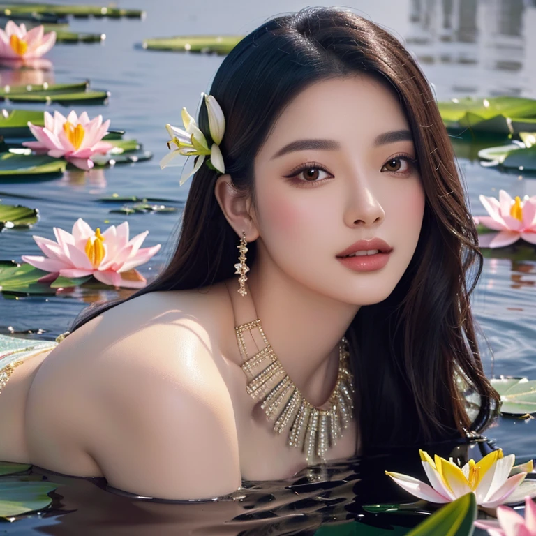 Painting of a woman lying on water covered with lilies., Beautiful digital artและงดงาม, Beautiful digital art, Beautiful digital artwork, beautiful digital paintings, very Beautiful digital art, beautiful paintings, Beautiful fantasy art images, Spectacular digital painting, beautiful oriental woman, UHD 4K beautiful art, Amazing digital paintings, beautiful goddess, beautiful fantasy pictures, With lotus flowers