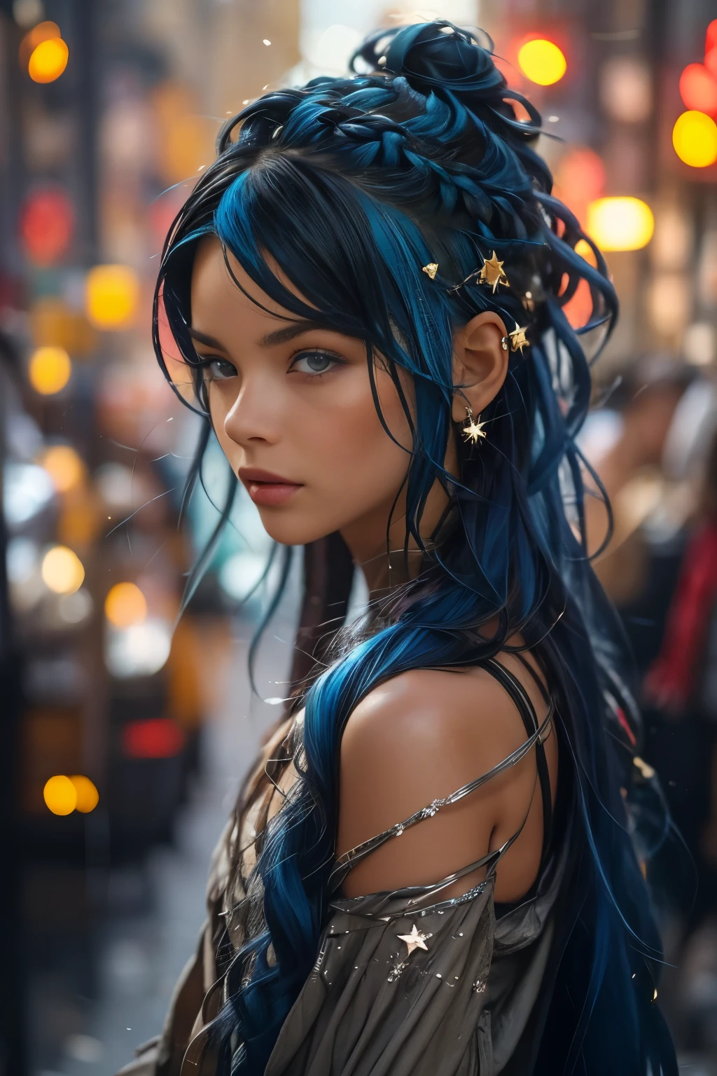 Extremely beautiful, 1 girl, She is an impressive young woman with bright blue hair, that falls in loose waves on her shoulders. Her hair is alive, reflects her adventurous and creative spirit. It is a characteristic part of their appearance, often decorated with small silver hairpins and clips in the shape of stars and moons.