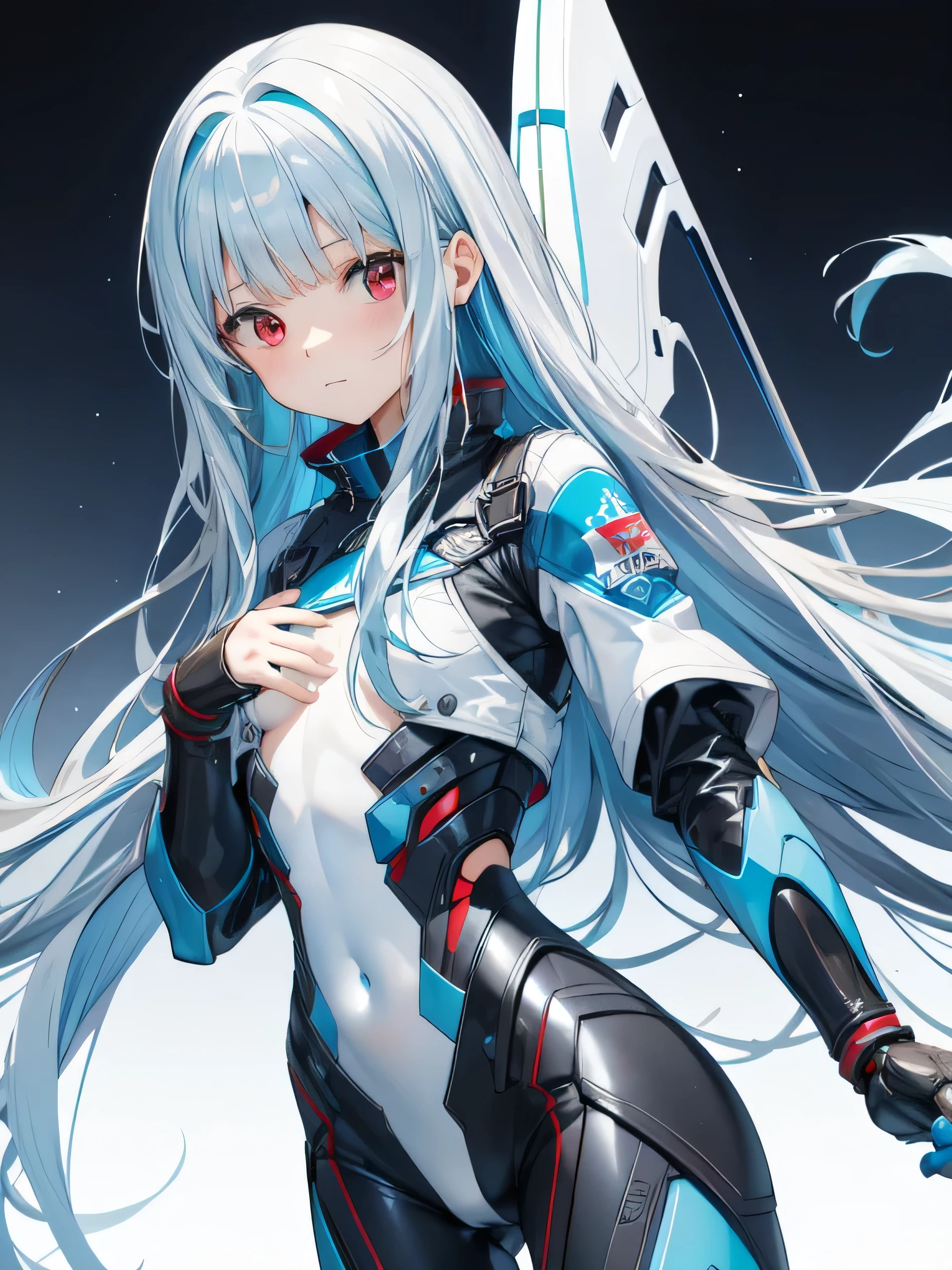 1 woman,medium chest,piercer, red eyes, 긴 Sky blue 머리,sky blue color hair,expressionless,cyberpunk,glowing line jacket,bodysuit,Mecha style prosthetic hand, 보라빛 bodysuit, Focus on face in tight clothing,face close up,from the side,looking at viewer,cold chill, multi color gradient,Sky blue,blue,White,shiny, deep digital painting layer,soft ambient lighting,vivid colors,fluid watercolor technique, (absurd, inc빨간색ibly absurd, Add layer, panoramic view:1.2),Super cute, very beautiful,beautiful background,realistic background,realistic photo,Very detailed, slim, movie lights, 15 year old girl, long straight hair, The King of Fighters, Kula 다이아몬드, Kula, Kura, KOF, the king of fighters kula, kula diamond, beautiful face, imouto,normal chest