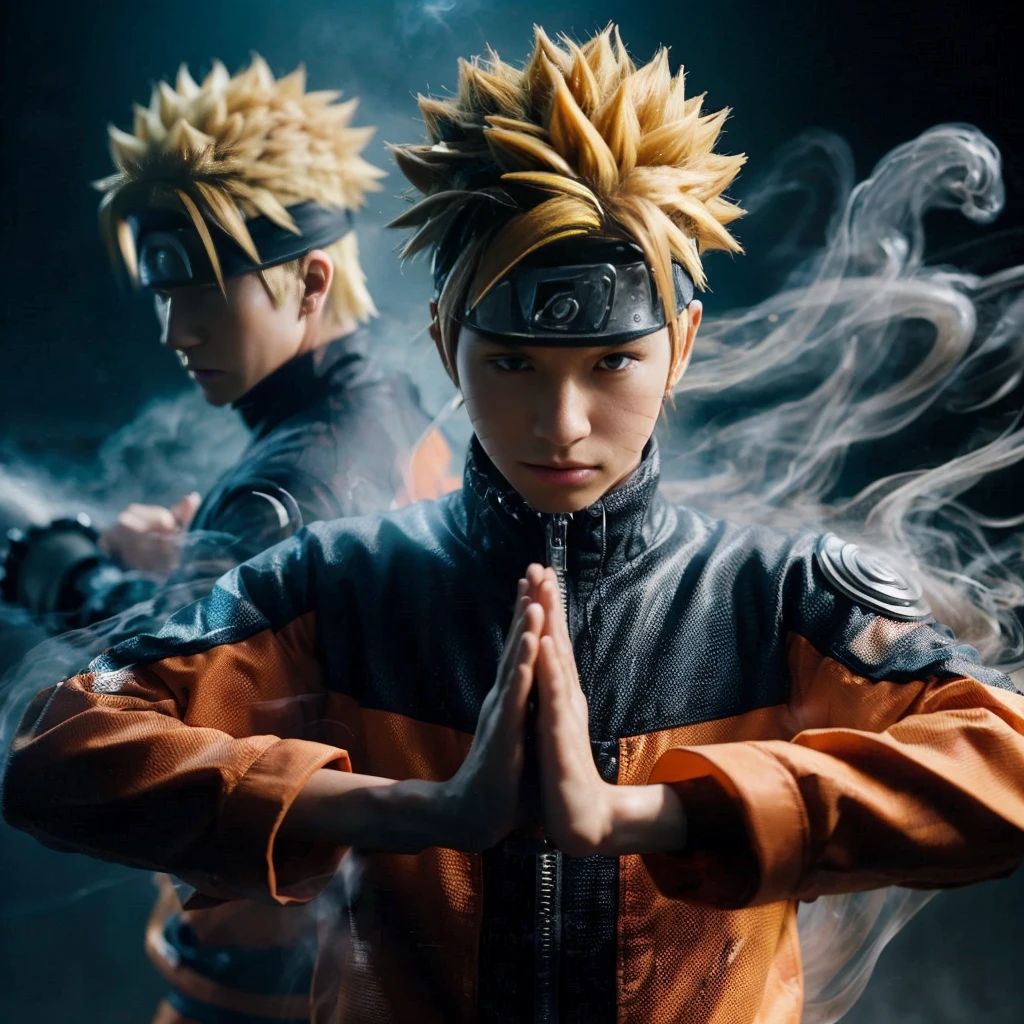 A realistic depiction of Naruto Uzumaki in action, showcasing his Shadow Clone Jutsu. Naruto, in his traditional ninja attire, stands confidently with his iconic orange jumpsuit and blue forehead protector. His hair is spiky and blonde, and his facial expression is determined. Two shadow clones of Naruto emerge from a thin veil of smoke, accurately capturing the anime’s dynamic energy. The scene should have a slightly blurred background to emphasize the movement and the subtle detail of the smoke dispersing around the clones. The realistic portrayal should include textured clothing, detailed facial features, and lifelike smoke effects, closely mirroring the animation style while maintaining a realistic appearance