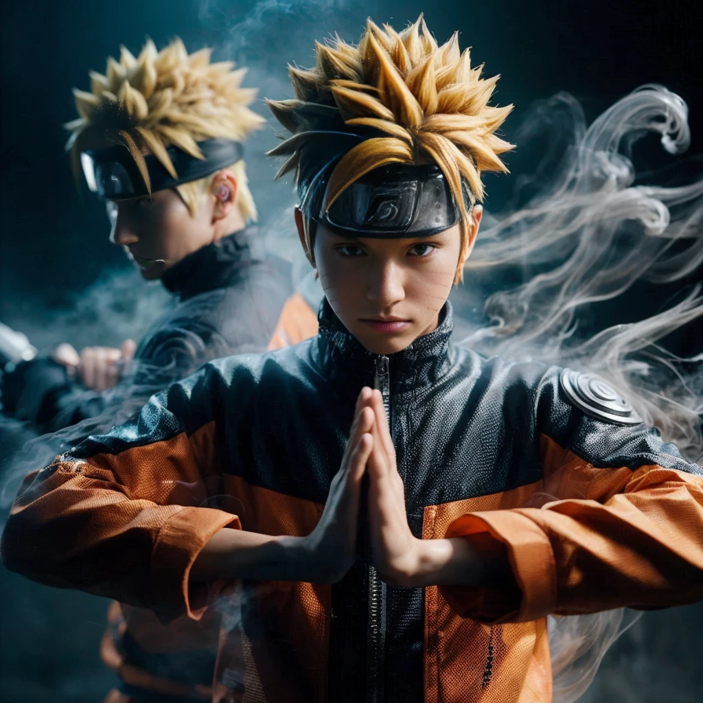 A realistic depiction of Naruto Uzumaki in action, showcasing his Shadow Clone Jutsu. Naruto, in his traditional ninja attire, stands confidently with his iconic orange jumpsuit and blue forehead protector. His hair is spiky and blonde, and his facial expression is determined. Two shadow clones of Naruto emerge from a thin veil of smoke, accurately capturing the anime’s dynamic energy. The scene should have a slightly blurred background to emphasize the movement and the subtle detail of the smoke dispersing around the clones. The realistic portrayal should include textured clothing, detailed facial features, and lifelike smoke effects, closely mirroring the animation style while maintaining a realistic appearance