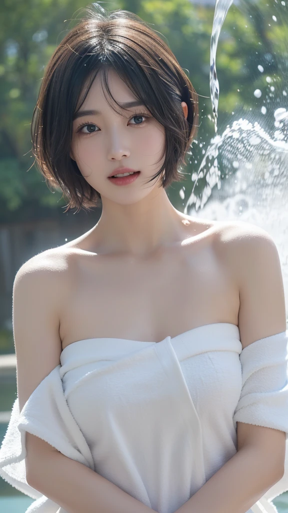 one beautiful Japanese model ,Unique hair details, DNA pattern Negligé, translucent, detailed eyes, double eyelid, plump lips, very very short hair, professional makeup, in the rain, hyper res