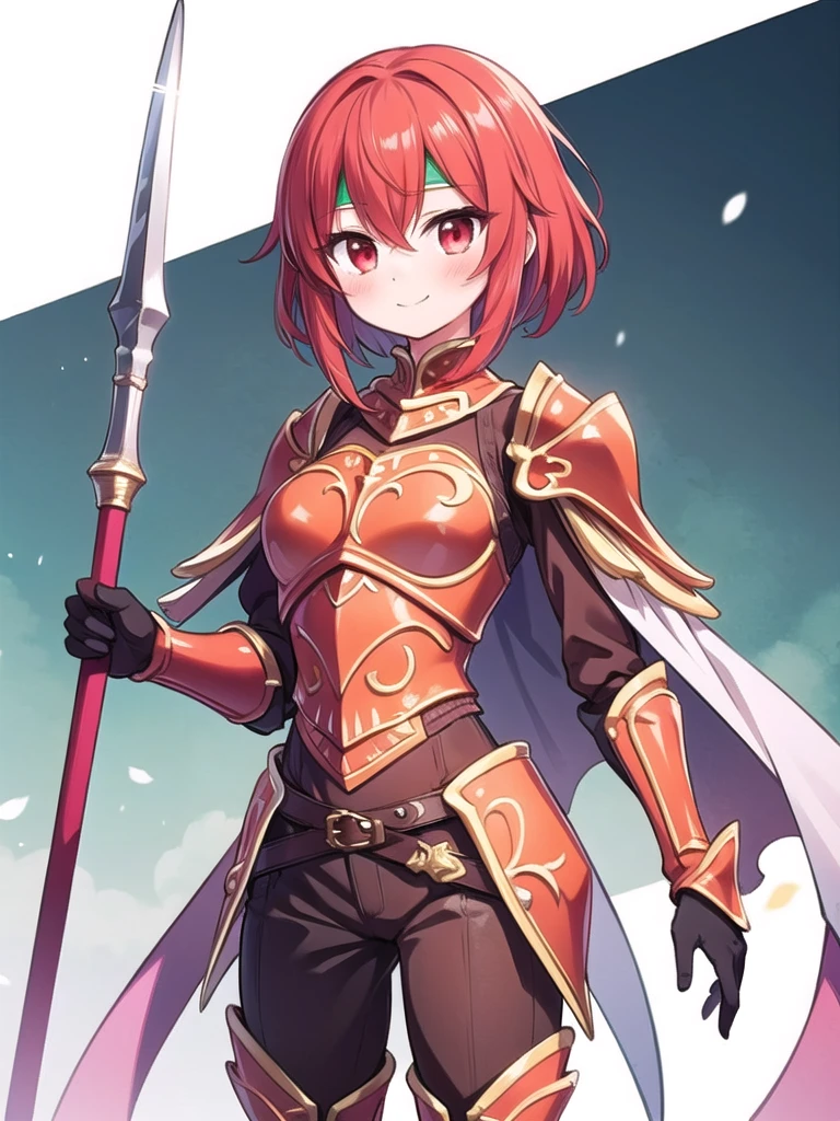 1girl, masterpiece, best quality, perfect hands, minerva, red armor, green headband, cape, red gloves, belt, brown pants, armored boots, red hair, short hair, cowboy shot, smile, holding, spear, holding spear, red eyes, blush