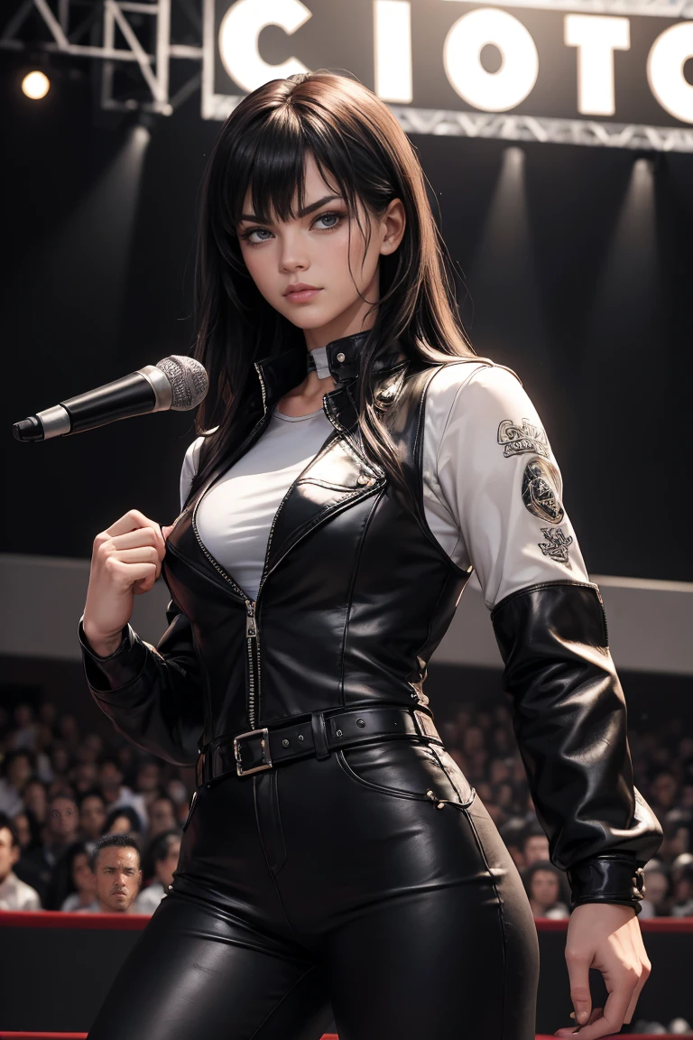 (Concept Art), masterpiece, Highest quality, Realistic, 8K RAW Photos, Tarot Card Style, Absurd iris texture, Accurate anatomy, Facing the audience, Cowboy Shot, (Realistic:1.5) , Perfect body, Alluring face、,Perfect Face,, 19 years old、((Kadoma Daioh)),,美juvenile、Mature face、Wide-set eyes,A tough climb、Three white eyes、Michael Jackson style、Sharp Eye、Very wide eyes、White skin and black hair、((neutral))、Long Hair、Center parted hair、Disheveled Hair、Bangs hide the right eye、Long legs、black eye, Long legs, Long black hair, Edge lighting,、Slender body、juvenile、Narrow waist、Rock Stage、Grab the microphone、Bow-legged、Leather jacket、Leather pan、Leather jumpsuit、Men's、Knee-high boots、Dark fantasy,Backed by a rock band、