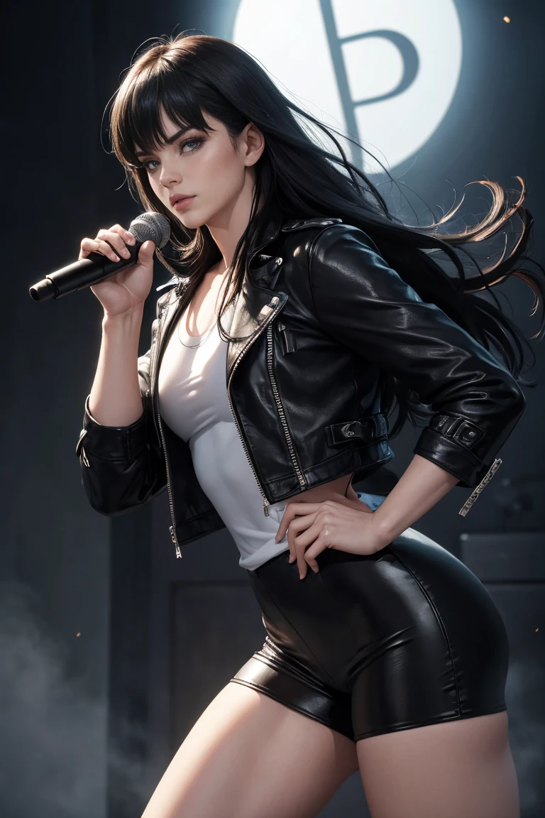 (Concept Art), masterpiece, Highest quality, Realistic, 8K RAW Photos, Tarot Card Style, Absurd iris texture, Accurate anatomy, Facing the audience, Cowboy Shot, (Realistic:1.5) , Perfect body, Alluring face、,Perfect Face,, 19 years old、((Kadoma Daioh)),,美juvenile、Mature face、Wide-set eyes,A tough climb、Three white eyeichael Jackson style、Sharp Eye、Very wide eyes、White skin and black hair、((neutral))、Long Hair、Center parted hair、Disheveled Hair、Bangs hide the right eye、Long legs、black eye, Long legs, Long black hair, Edge lighting,、Slender body、juvenile、Narrow waist、Rock Stage、Grab the microphone、Bow-legged、Leather jacket、Leather pan、Leather jumpsuit、Men's、Knee-high boots、Dark fantasy,Backed by a rock band、