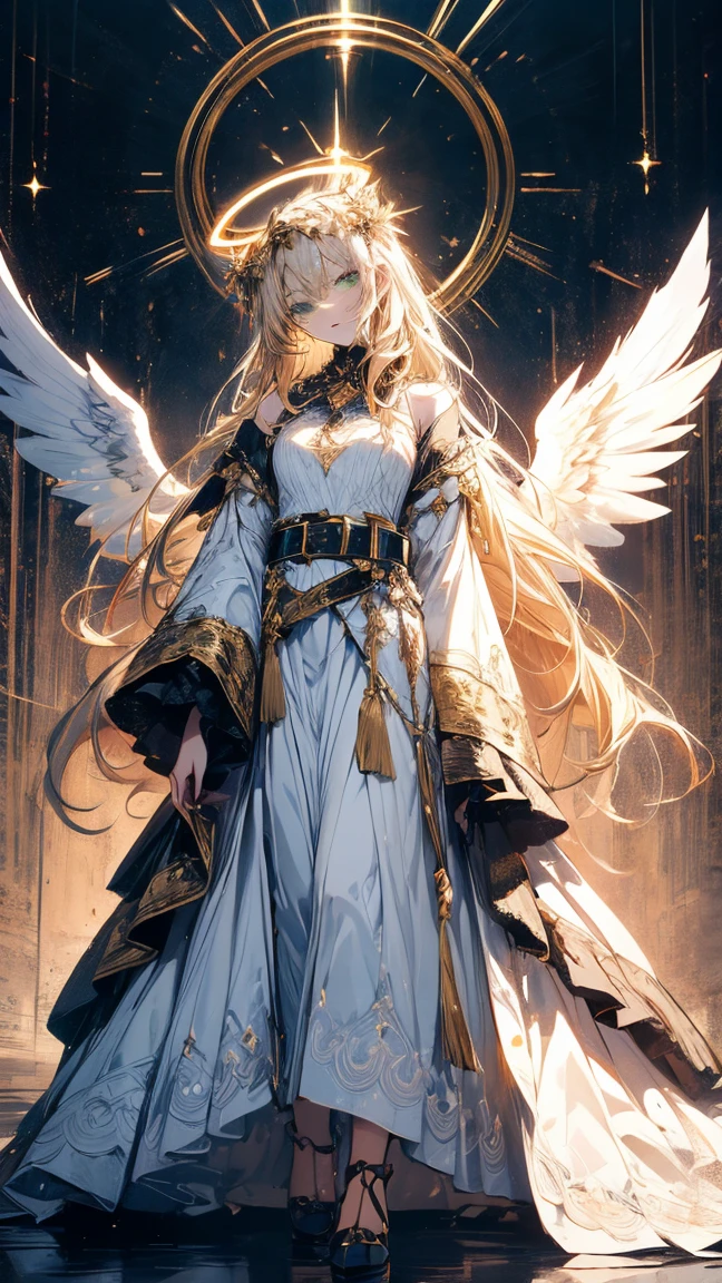 A humanoid biblically accurate angel with Golden blond hair, green eyes, pale skin,white wings usually folded behind her back, a white flared sleeve wrap top that is held in place by her belt,a white maxi skirt, halo’s that resemble the (Angel) Thrones which cover her eyes.