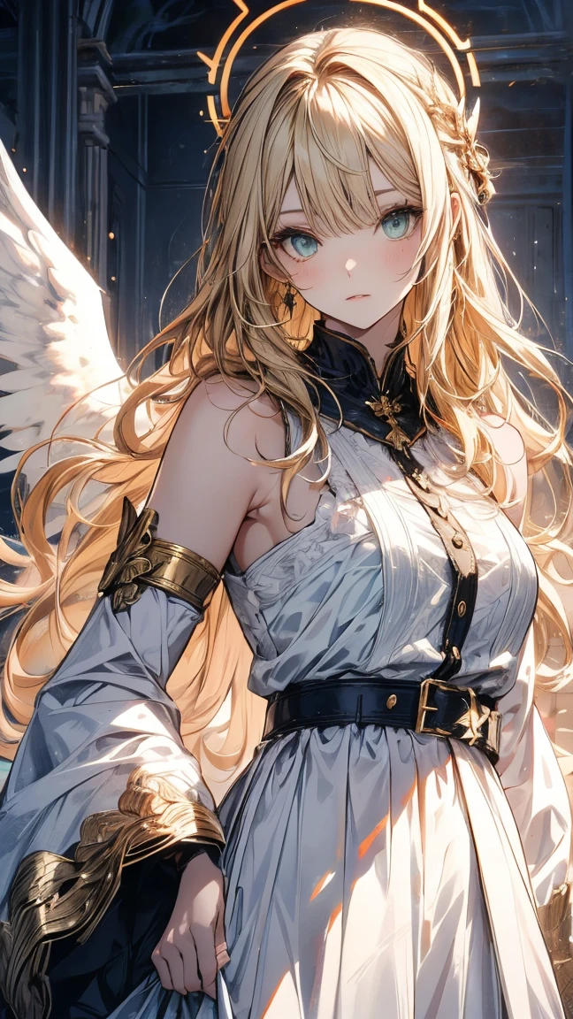 A humanoid biblically accurate angel with Golden blond hair, green eyes, pale skin,white wings usually folded behind her back, a white flared sleeve wrap top that is held in place by her belt,a white maxi skirt, halo’s that resemble the (Angel) Thrones which cover her eyes.