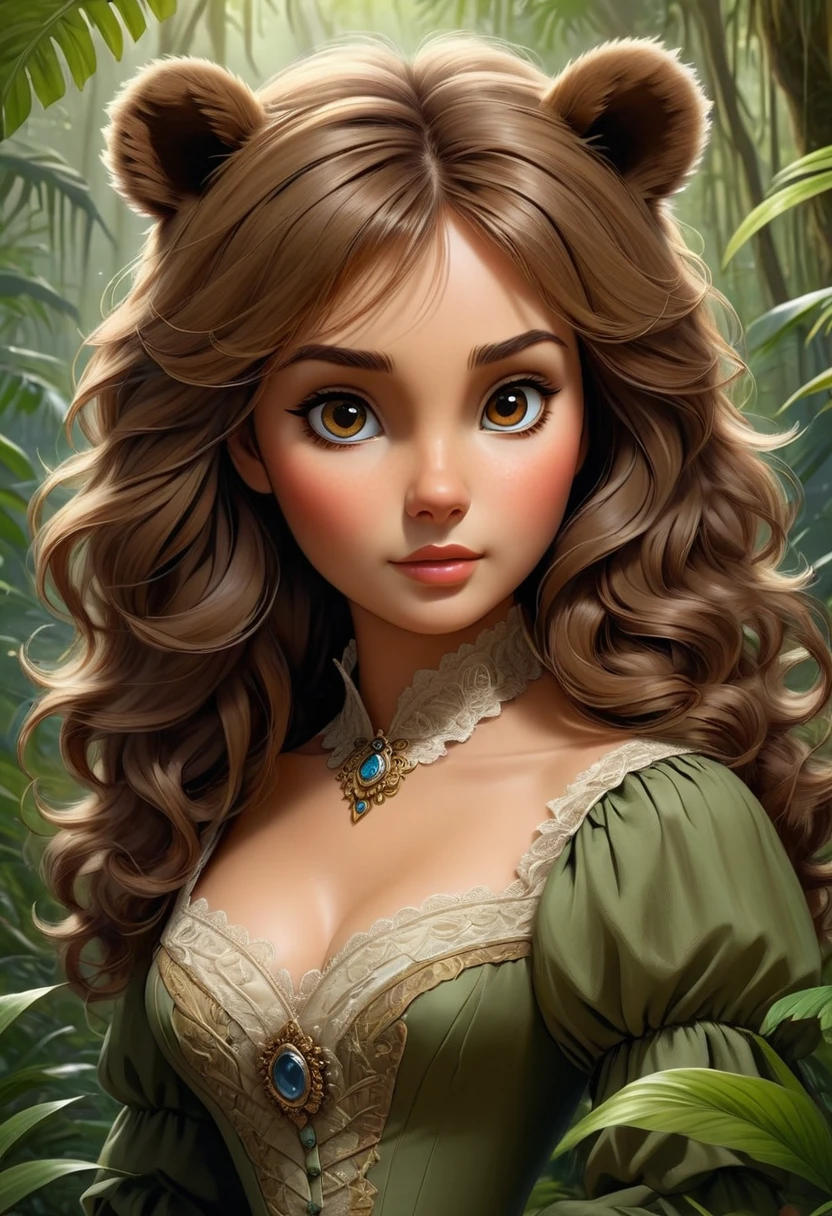 female bear mid transformation, solo, masterpiece, best art, victorian dress. detailed hands, detailed eyes, detailed torso, jungle, expression, transformation, human face, brown shaggy hair.