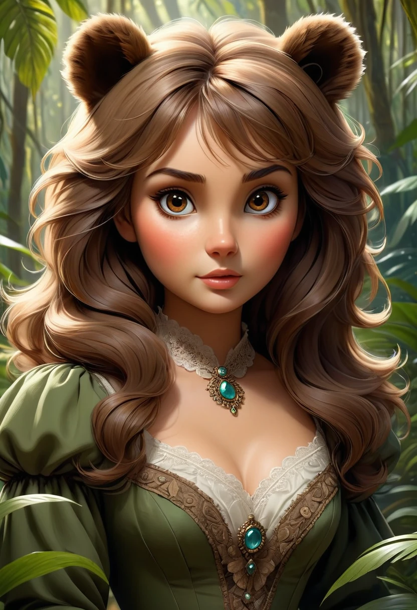 female bear mid transformation, solo, masterpiece, best art, victorian dress. detailed hands, detailed eyes, detailed torso, jungle, expression, transformation, human face, brown shaggy hair.
