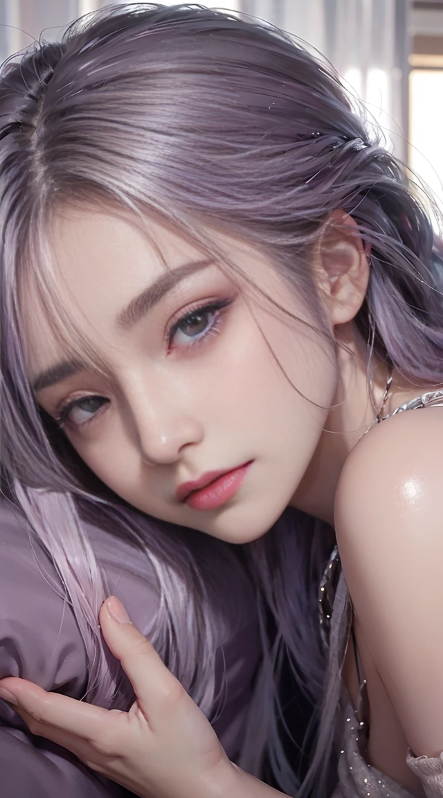 （woman lying in bed）1 woman, silver hair, hair in lines, smooth, smoothทื่อ, long hair, pink hair, tear, Long eyelashes, purple eyes, put on makeup, smile, Chapped lips, ความrealistically, truth, Surrealism, depth of field, One person&#39;s point of view, retina, table top, correct, correctตามหลักกายวิภาคศาสตร์, textured skin,（Rough short sweater）Float off shoulder、off shoulder tight skirt（（full body angle））、Stick out your butt.）、（Shapely breasts,)、((sexy pose)))、(camel toe), tongue、vaginal orchid、Vaginal discharge, runny nose、The tide blows、Very beautiful breasts.、Hold your chest with both hands.、sexual excitement、 Expression、Oily skin。realistically、(kpop idols)、medium hair、(pink blush)、(shine)、(alone)、Dynamic Post、((nipples harden))、(Bags under the eyes:1.２)、 (Slender legs)、Erotic