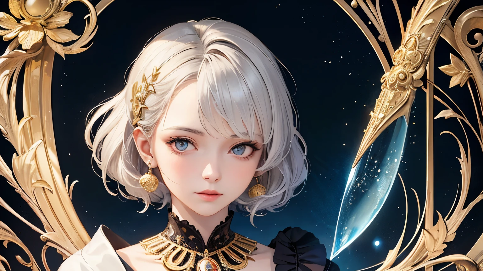 Realistic, (masterpiece, Highest quality, Highest quality, Official Art, beautifully、aesthetic: 1.2), Very detailed, fractal art, colorful, The most detailed, Leo, (Abstract background: 1.5), (One girl: 1.3), (Cat Class), Yellow Hair, Bright Eyes, Serious, Combed back, short hair, milky way, huge magical gold Leo astrolabe, dream, Fantasy, Gold border,beautifullydetailedな空, Style and Decoration for Leo, Leogoddess, (Browsing Caution:0.8), Delicate reflectivity and high glass guardrail board,((Highest quality)), ((masterpiece)), (detailed), アニメ Fairy magic City monochrome romantic Calm Retro Style Elegant and detailed feather design Gothic Dress accessories Light effects Gothic goddess Silver Hair