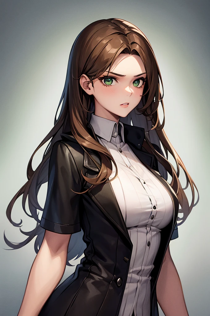 18 year old girl with long brown hair and green eyes, SERIOUS LOOK