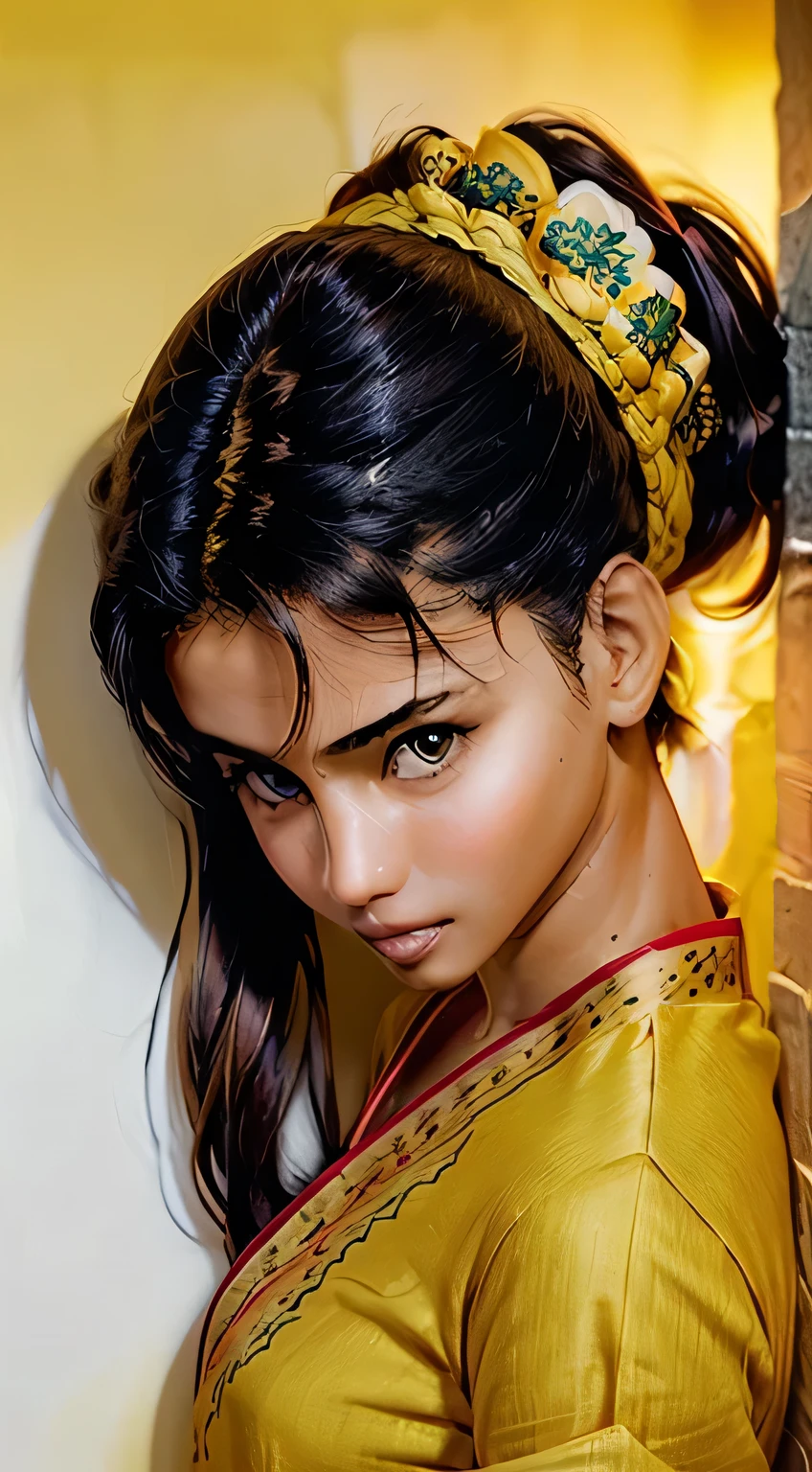 Amazing portrait of a sexy woman with her hair tied back in a low ponytail as she gazes at us seductively with her perfect lips parted for a kiss as she's pinned against the wall wearing a yellow kurta with floral embroidery