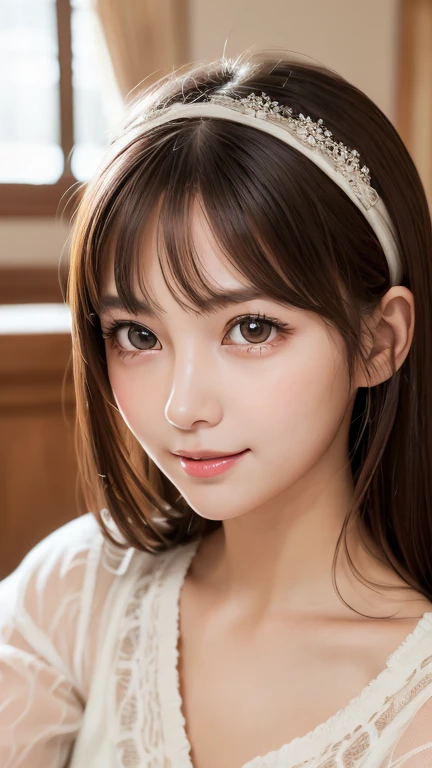 One Girl,(1人のとてもcute女の子:1.3),masterpiece,Highest quality,High resolution,beautiful girl,(21 years old:1.3),cute,Big eyes,(Detailed pupil:1.2),(The face is facing straight ahead:1.3),Body facing forward,Beautiful Nose,Fuller lips,Brown Hair,Medium Hair,Fine eyelashes,Thin eyebrows,Definition of very fine particles,(Symmetrical eyes:1.3),(Face close-up,Face Focus:1.0),White camisole,Student Style,Portraiture,Show Viewer,Cinema Lighting,High resolution,Very detailed、Headband、Open your mouth a little、Selfie、Put your hand on your chin、blush,smile:1.1