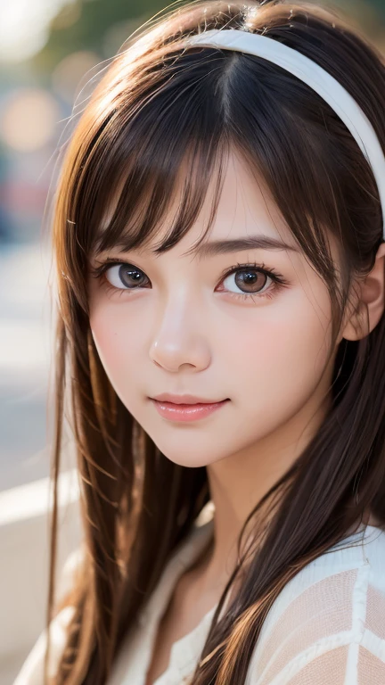 One Girl，(1人のとてもcute女の子:1.3)，masterpiece，Highest quality，High resolution，beautiful girl，(21 years old:1.3)，cute，Big eyes，(Detailed pupil:1.2)，(The face is facing straight ahead:1.3)，Body facing forward，Beautiful Nose，Fuller lips，Brown Hair，Medium Hair，Fine eyelashes，Thin eyebrows，Definition of very fine particles，(Symmetrical eyes:1.3)，(Face close-up，Face Focus:1.0)，White camisole，Student Style，Portraiture，Show Viewer，Cinema Lighting，High resolution，Very detailed、Headband、Open your mouth a little、Selfie、Put your hand on your chin、blush，smile:1.1