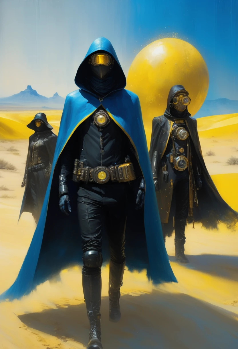 Man in black cape and steampunk costumes in the desert, blue and yellow art, steampunk and hooded mask, 4D high relief texture painting, 8k, futuristic vintage, full body view, vaporpunk, photorealism, abstract impressionism, arte por Jeremy Mann
