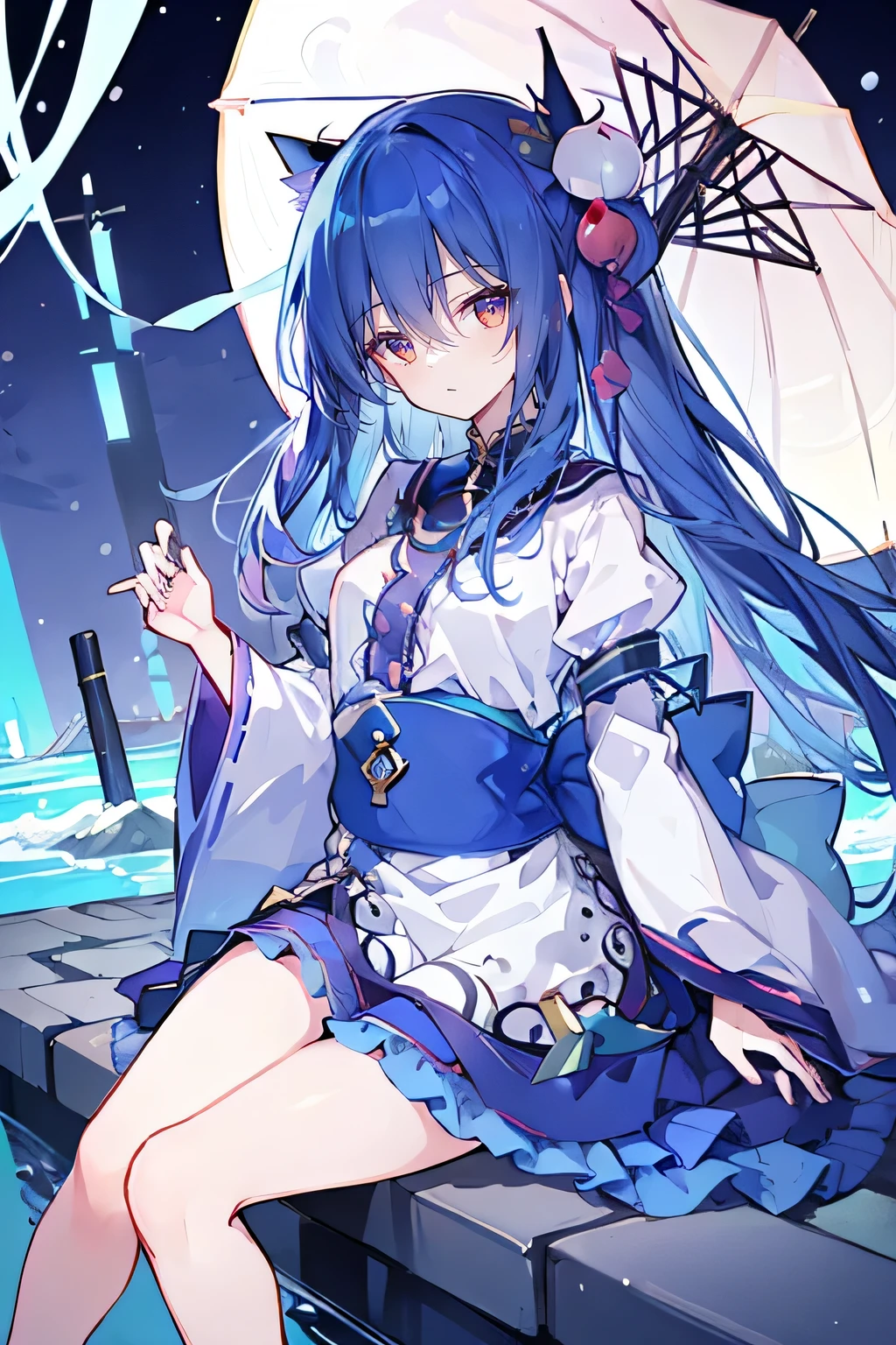 (masterpiece:1.2)，Ultra-detailed，lifelike，The eyes are expressive，Fair skin，Perfect face shape，1 girl，
Japanese Manga，Gorgeous blue hair，Flowing blue hair，Flowing clothes，Cat&#39;s ears，Petals falling，Beautiful Lola，little angel，
Cross your legs，Gentle and peaceful background，The pavilion is cool and comfortable，Smile，Tokyo background，background，snow，winter，Back。