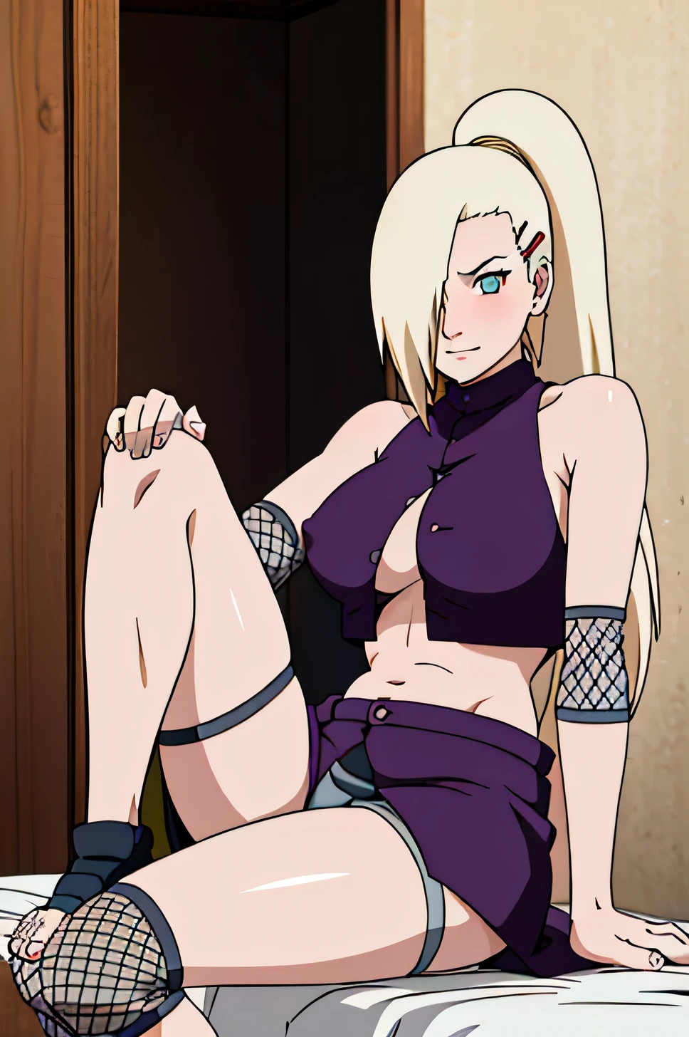 Ino Yamanaka, charming, Groin, cowboy shoot, Extraordinarily detailed face,bedroom,sitting on the bed,Sit with one leg raised.,sunny day, Daytime, Target focus, anime style, alone, House details, Blonde, ((One eye is covered with fur., Hair over the eyes)), Medium bust, Belly button, looking at the audience, ( curved body), hidden eyes, smile, open mouth, very happy, high, Hair clips, Looks sharp, Sharp face, Sharp eyes, cool colors,Knees up,Beautiful legs,(((middle open shirt,Beautiful nipples, Hard nipple, Medium boobs,Show your legs, blushing))), ความละเอียดhigh, best quality, sexy ,angle ,Thrust through the legs