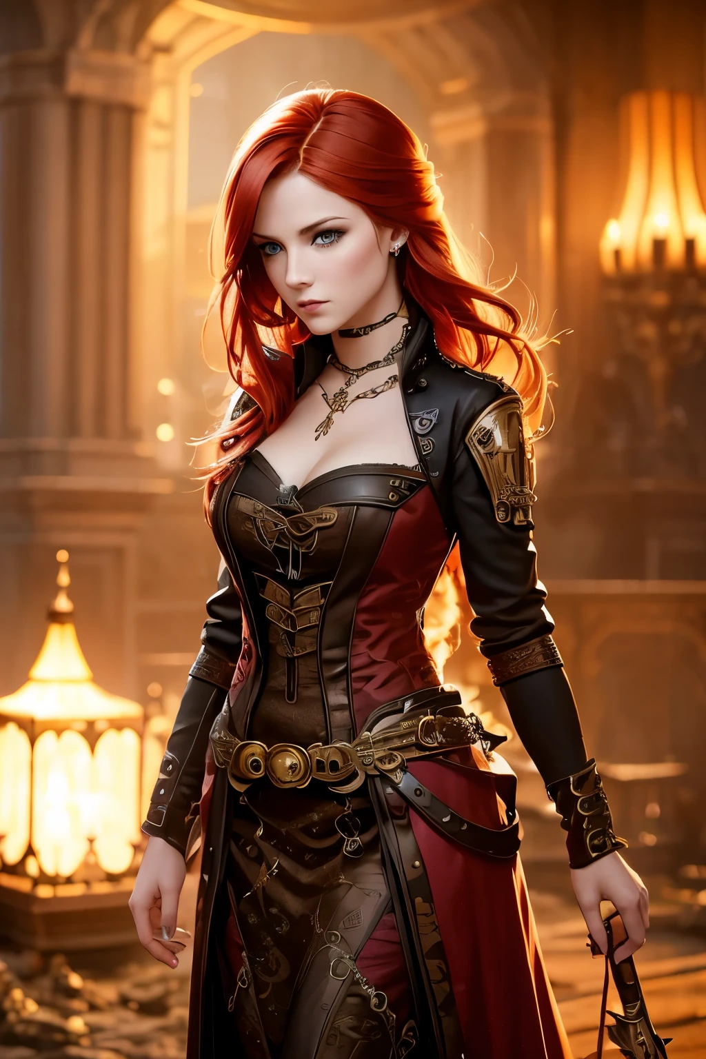 A beautiful redhead female country artist wearing a steampunk-inspired layered gown. She has clean makeup and is captured in vivid colors, embodying the essence of fantasy and a minimalist, fantastical, edgy, and regal themed outfit, with depth of field.