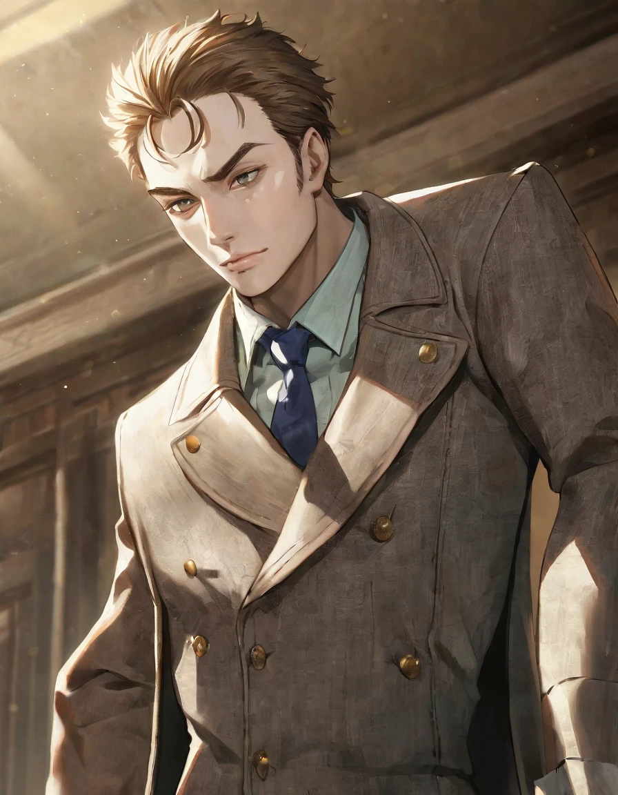 1man, veteran mature detective, muscular, boned nose, wavy slicked back spiked hair, yellow_brown hair, BREAK shihaku, brown eyes, dandy, virile, stubble, square shaped, large eyes, ugly, rough skin, facial wrinkles, BREAK ideal ratio body proportions, ordinaly, cute uncle, beautiful detailed eyes, broad waist, 40yo dude, languid, BREAK solo, upper legs, white collared shirt, blue necktie, brown trench coat, dark worn-out suit, cute smile, standing, in detective agency, detailed background, BREAK dandy posing, dramatic expression, oil colored, in capcom art style, in old eroge style, 2000s, cinematic key visual, cinematic shadows, cinematic lighting, lens flare, light leaks, masterpiece, best quality