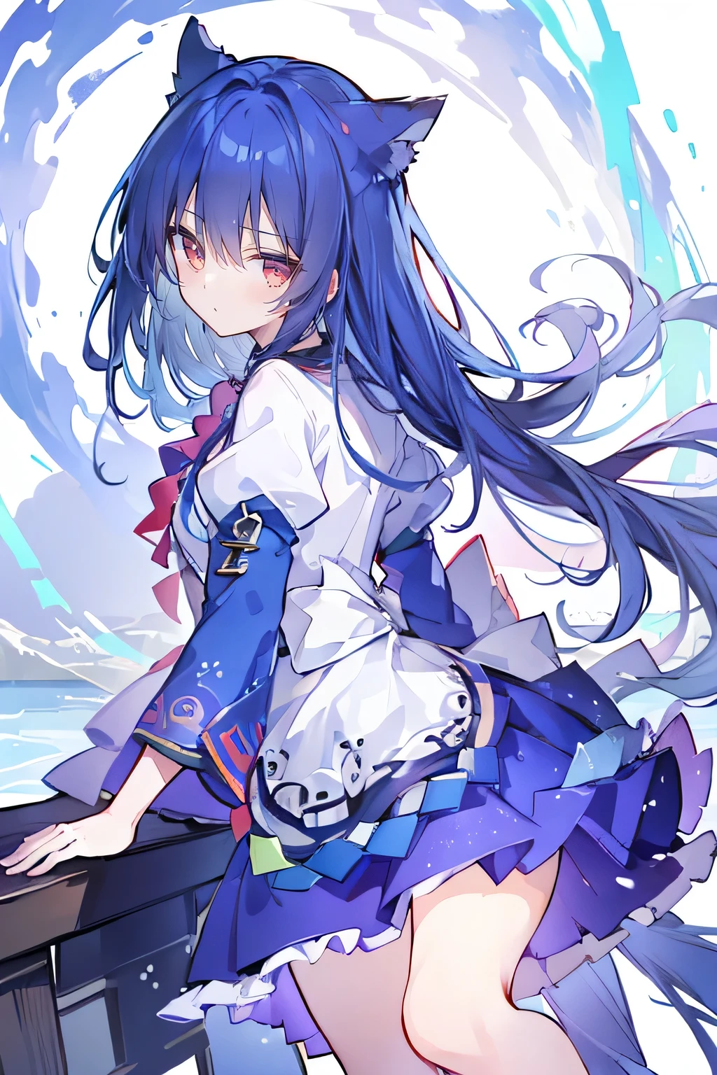 (masterpiece:1.2)，Ultra-detailed，lifelike，The eyes are expressive，Fair skin，Perfect face shape，1 girl，
Japanese Manga，Gorgeous blue hair，Flowing blue hair，Flowing clothes，Cat&#39;s ears，Petals falling，Beautiful Lola，little angel，
Cross your legs，Gentle and peaceful background，The pavilion is cool and comfortable，Smile，Tokyo background，background，snow，winter，Back。