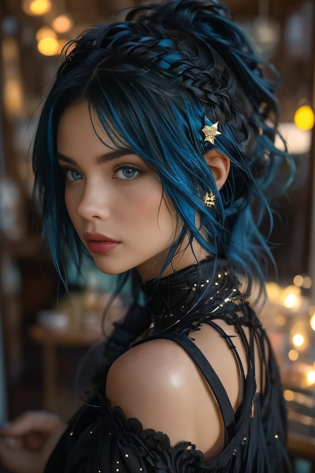 Extremely beautiful, 1 girl, She is an impressive young woman with bright blue hair, that falls in loose waves on her shoulders. Her hair is alive, reflects her adventurous and creative spirit. It is a characteristic part of their appearance, often decorated with small silver hairpins and clips in the shape of stars and moons.