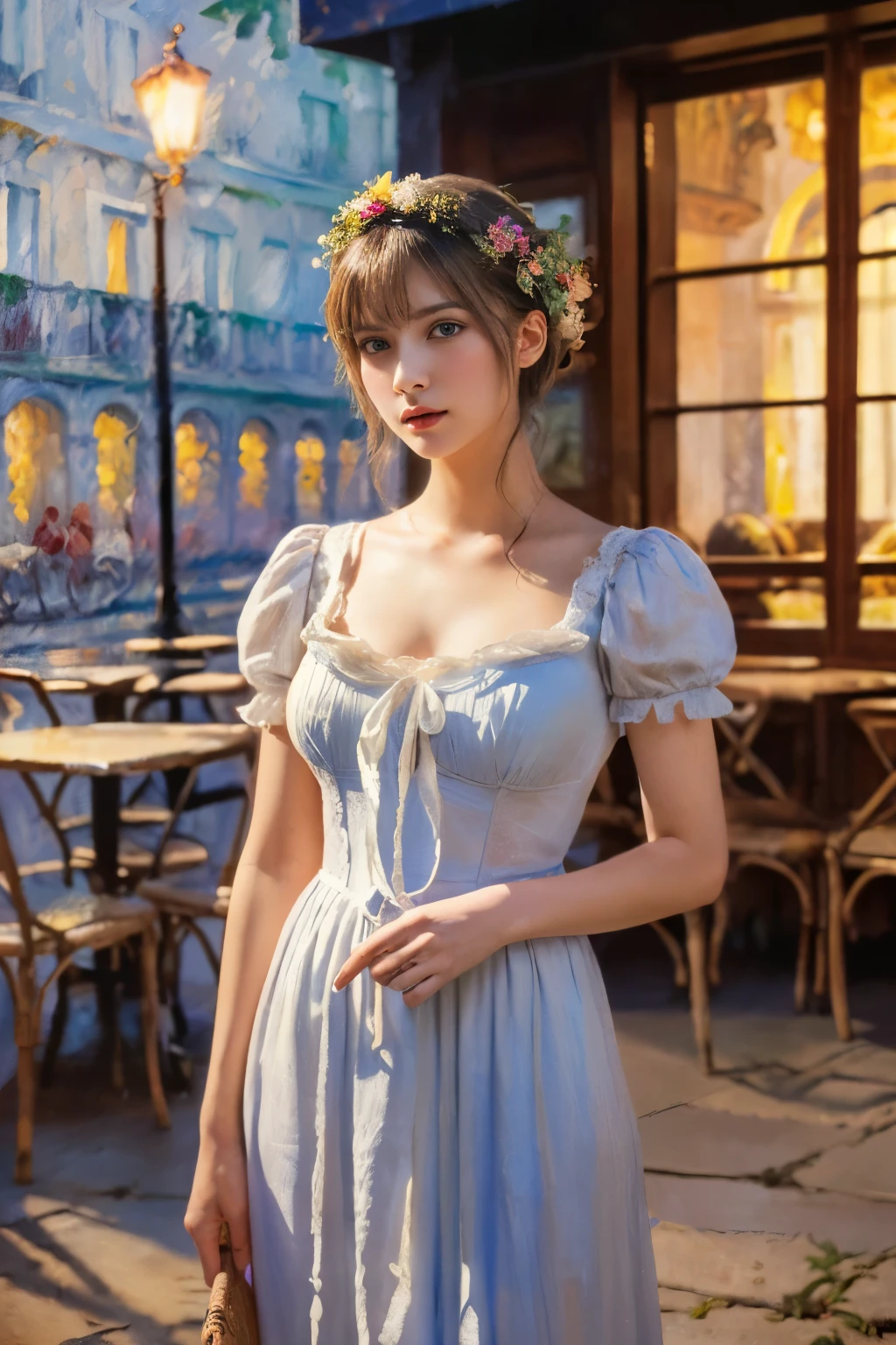 ((masterpiece:1.4, Highest quality)), (Realistic photos:1.4), (Artwork),
((1 girl)), (Otherworldly beauty), (dream-like), ((1 girl, Realistic photos)),
(超High resolution:1.2), Very delicate and beautiful, wonderful, Very detailed CG Unity 8k wall paper, Very detailed, High resolution,
Soft Light, Beautiful detailed girl, Very detailed eyes and face, Beautiful and detailed nose, Beautiful and detailed,
(Dressed in late 19th century French costume:1.3), (In front of the cafe at night:1.3),
Cinema Lighting, Perfect Anatomy, Slender body, (Parted bangs),
(The world of impressionist painting:1.5), (Impressionist light and colour),
Cowboy Shot