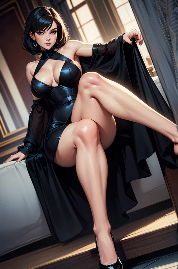 low angle shot, an attractive and mischievous woman is showing off her legs seductively, thighs, sitting, feminine, wearing a low cut black dress