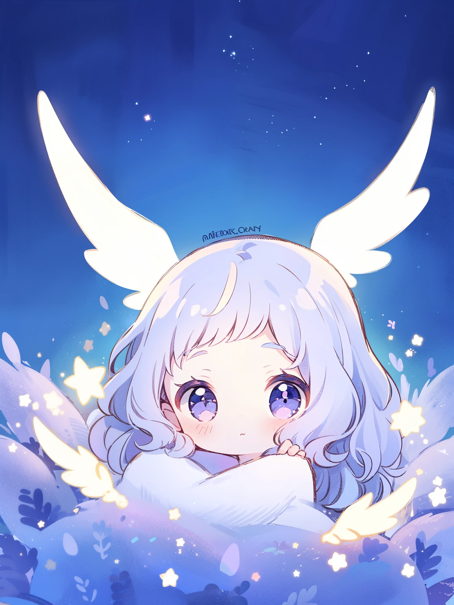 nude angel girl wearing an ethereal translucent dress, pale skin, ((wavy gradient blue purple hair)), white feathers, angel wings, sparkling detailed eyes, golden ratio face, perfect composition, highly detailed, ethereal, (starry night sky background), midjourney style