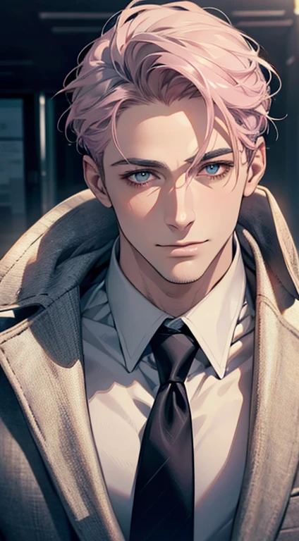 (Highest quality,4K,8K,High resolution,masterpiece:1.2),Super detailed,(Realistic,photoRealistic,photo-Realistic:1.37),1 person,31 years old,Mature Men,Beautiful skin、very handsome,Expressionless,smile,Short gray pink hair,blue eyes,Sharp Eyes,A perfect face without a doubt,Businessman,Office Background,Cinema Lighting,HDR image,tie、
