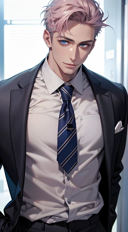 (Highest quality,4K,8K,High resolution,masterpiece:1.2),Super detailed,(Realistic,photoRealistic,photo-Realistic:1.37),1 person,31 years old,Mature Men,Beautiful skin、very handsome,Expressionless,smile,Short gray pink hair,blue eyes,Sharp Eyes,A perfect face without a doubt,Businessman,Office Background,Cinema Lighting,HDR image,tie、