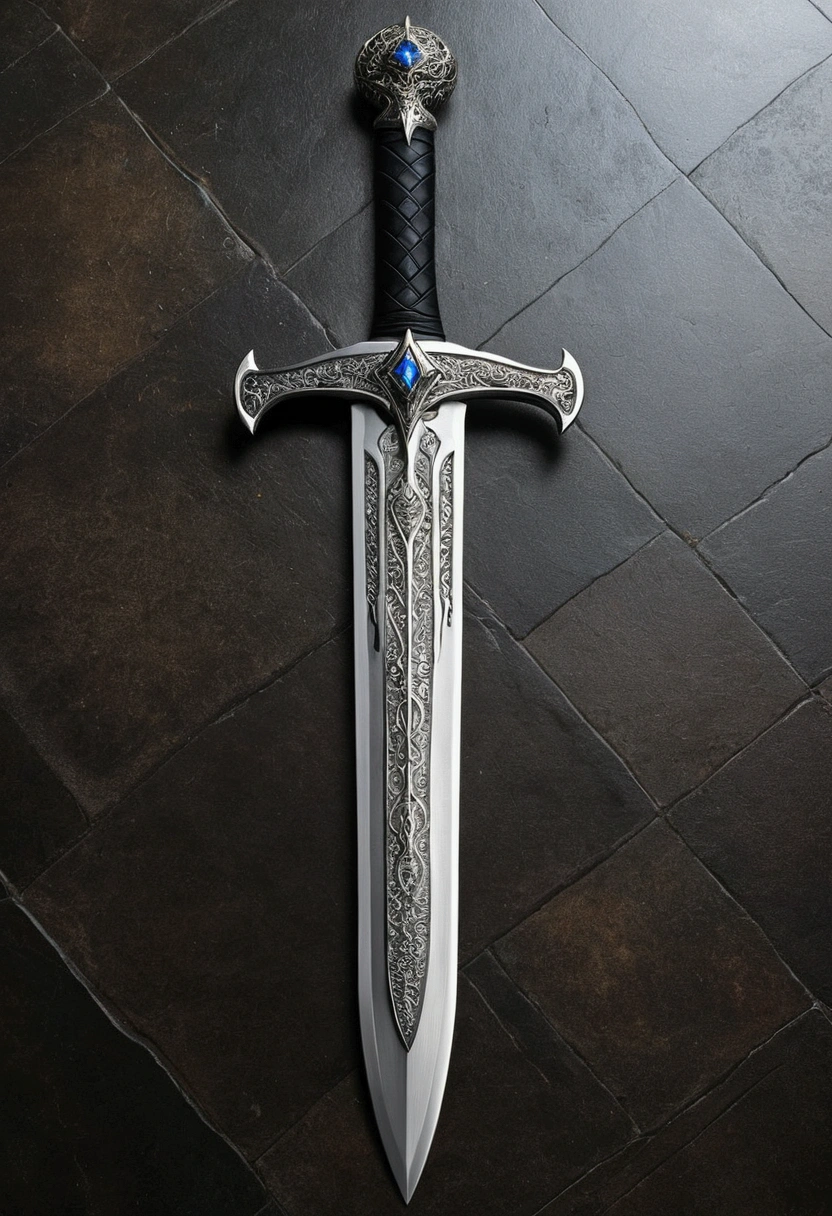 (outstanding、professional、Surrealism)、Detailed silver sword, Metal magic texture, lie on the floor