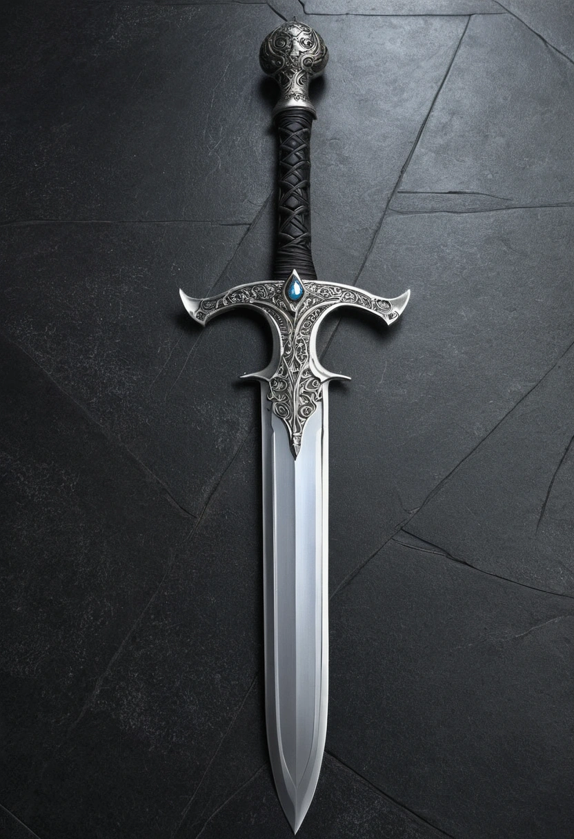 (outstanding、professional、Surrealism)、Detailed silver sword, Metal magic texture, lie on the floor